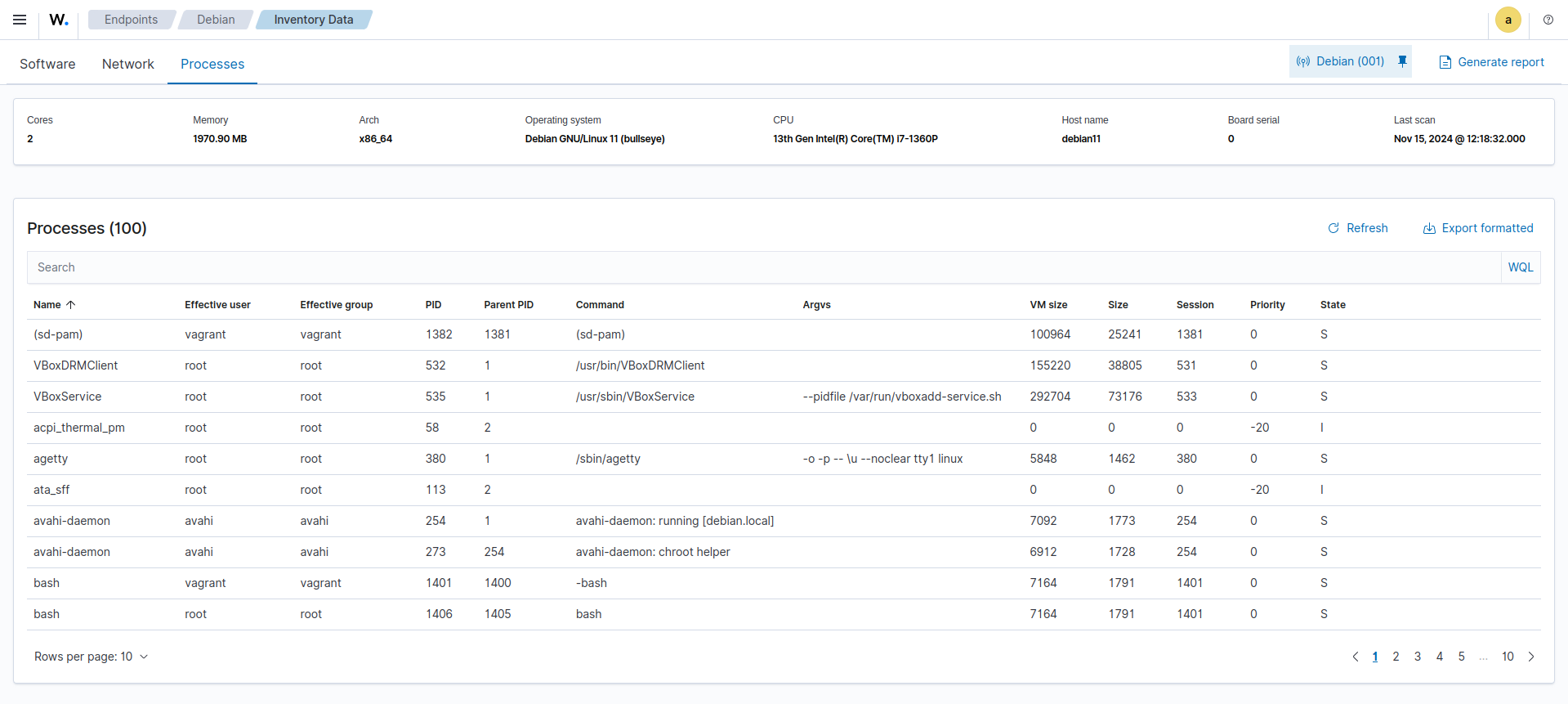 Inventory data module - Processes tab