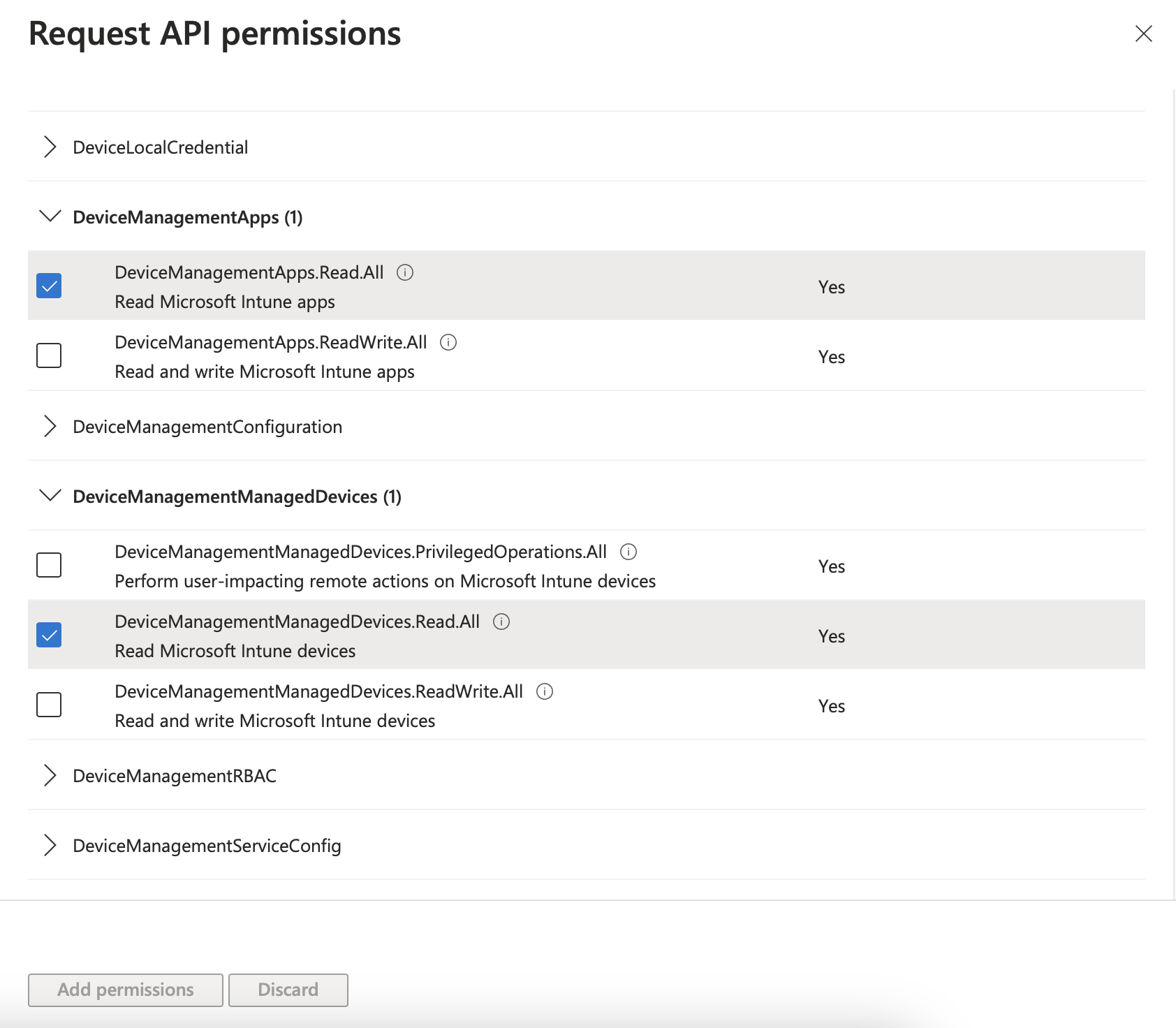 API permissions Intune
