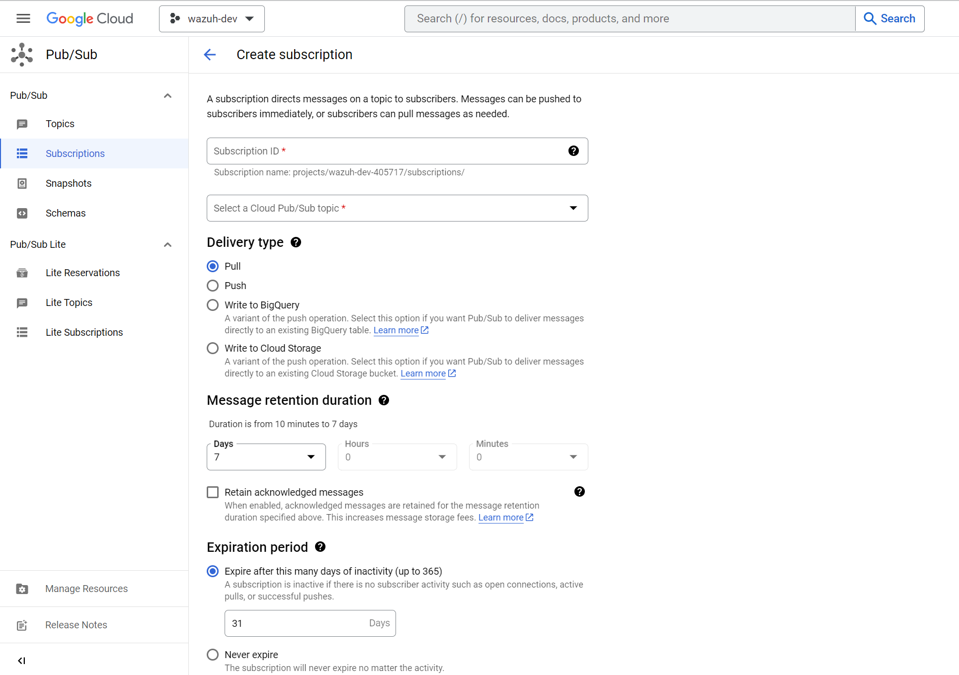Create subscription