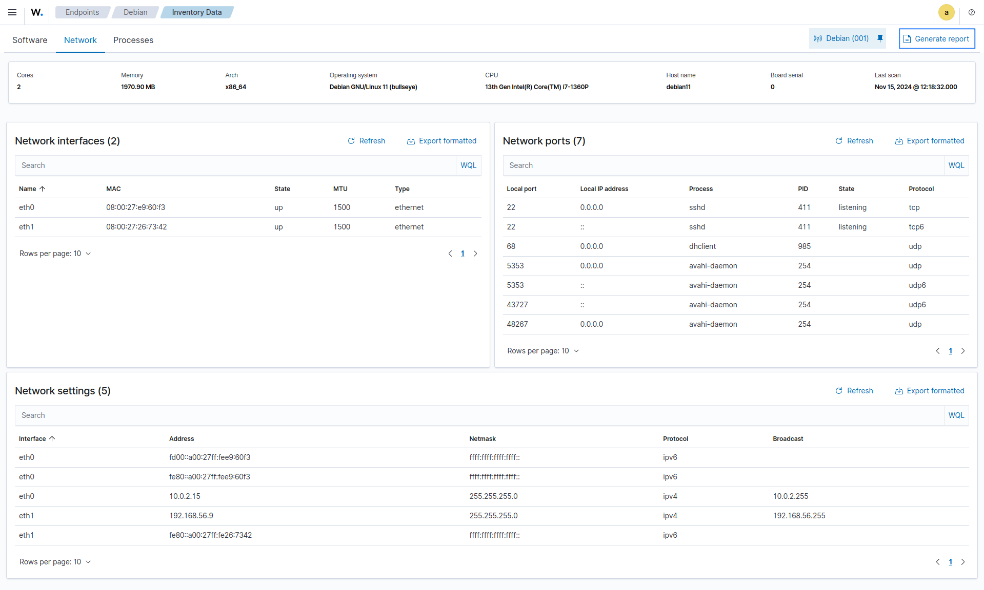 Inventory data on the Wazuh dashboard