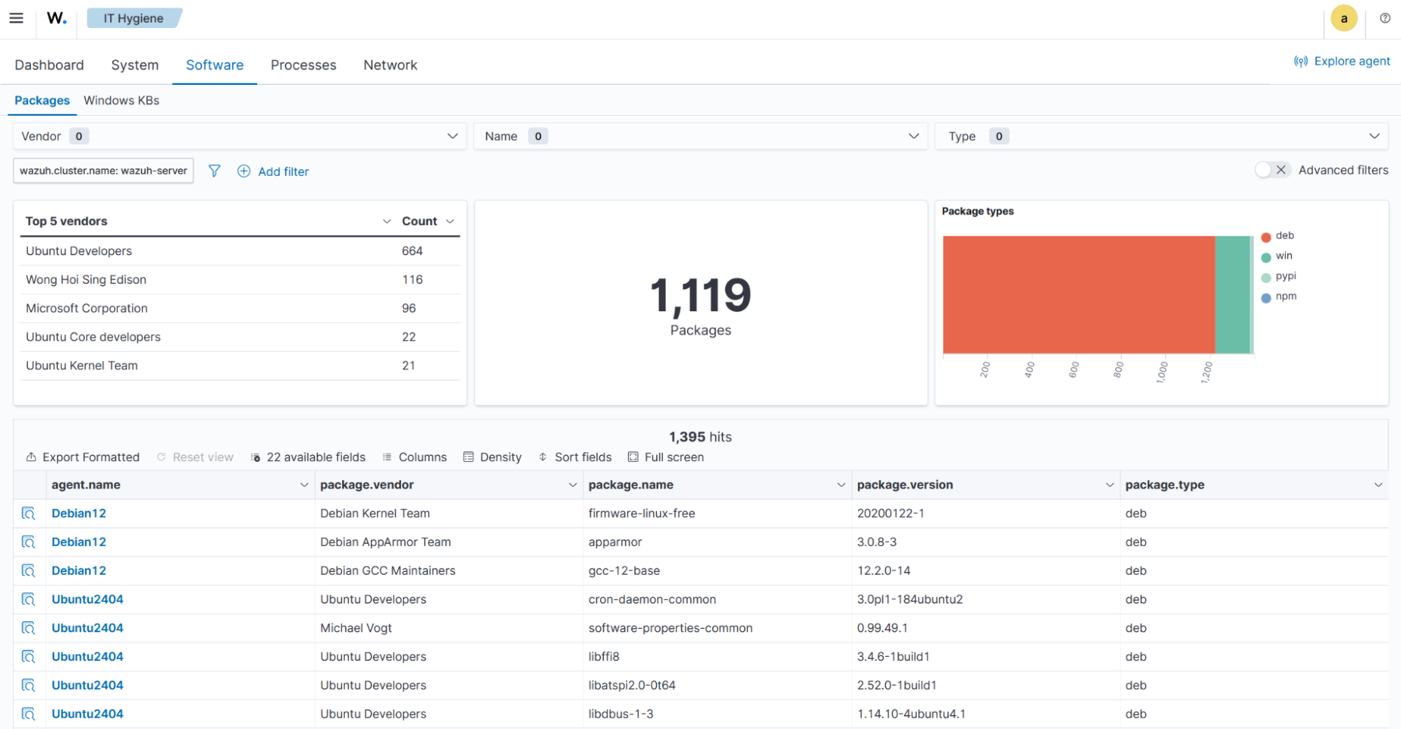 System inventory - Software Packages tab