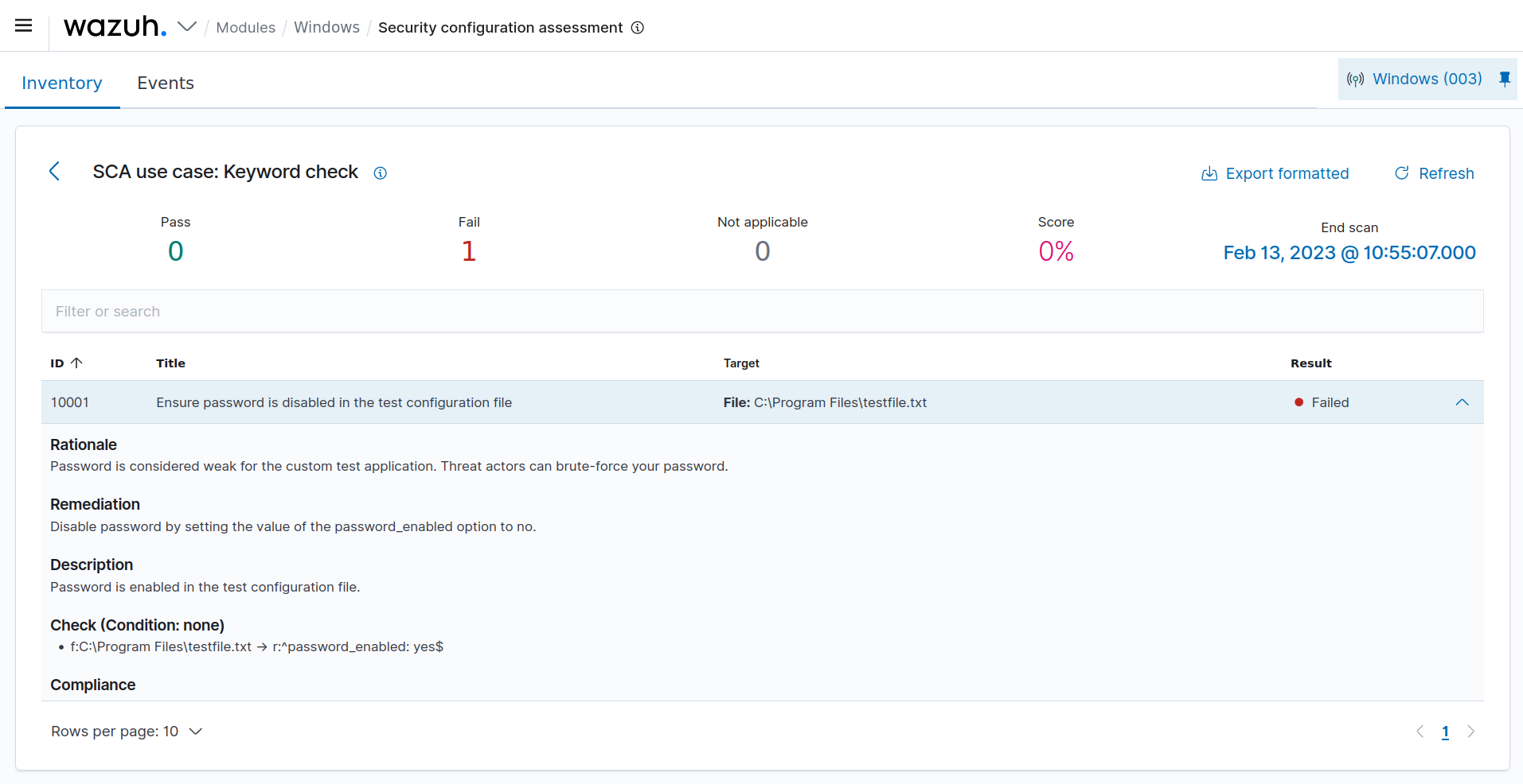 Windows results of the custom SCA check