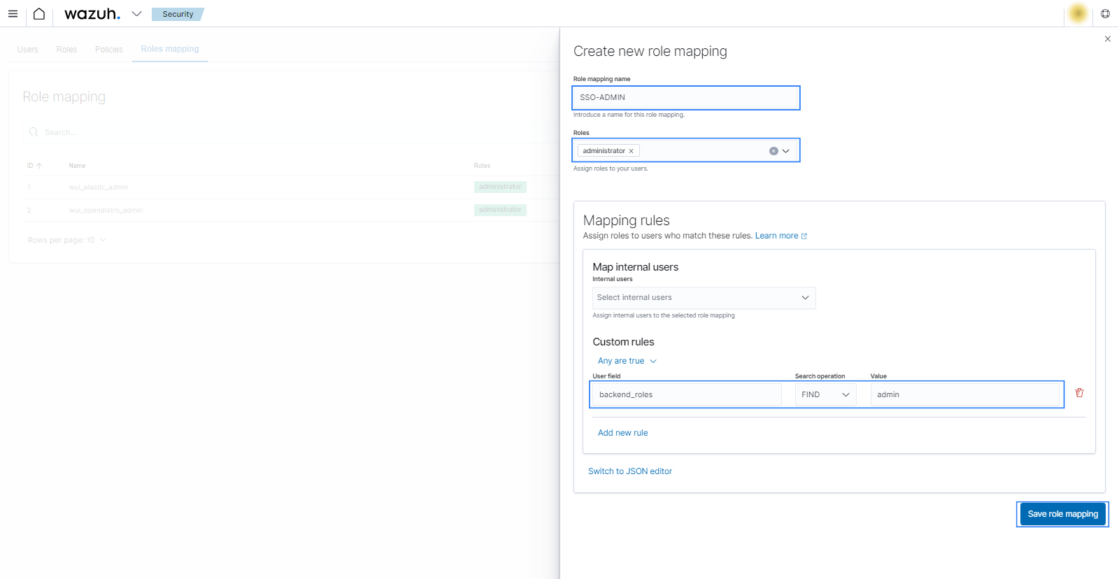 Create Wazuh role mapping