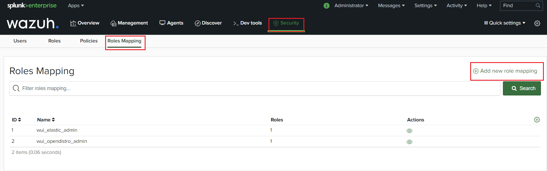Roles mapping in Security tab
