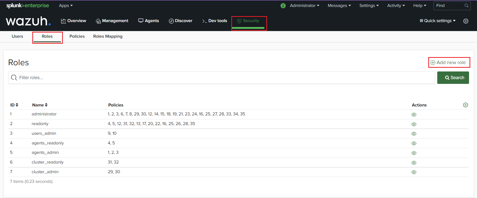 Roles in Security tab