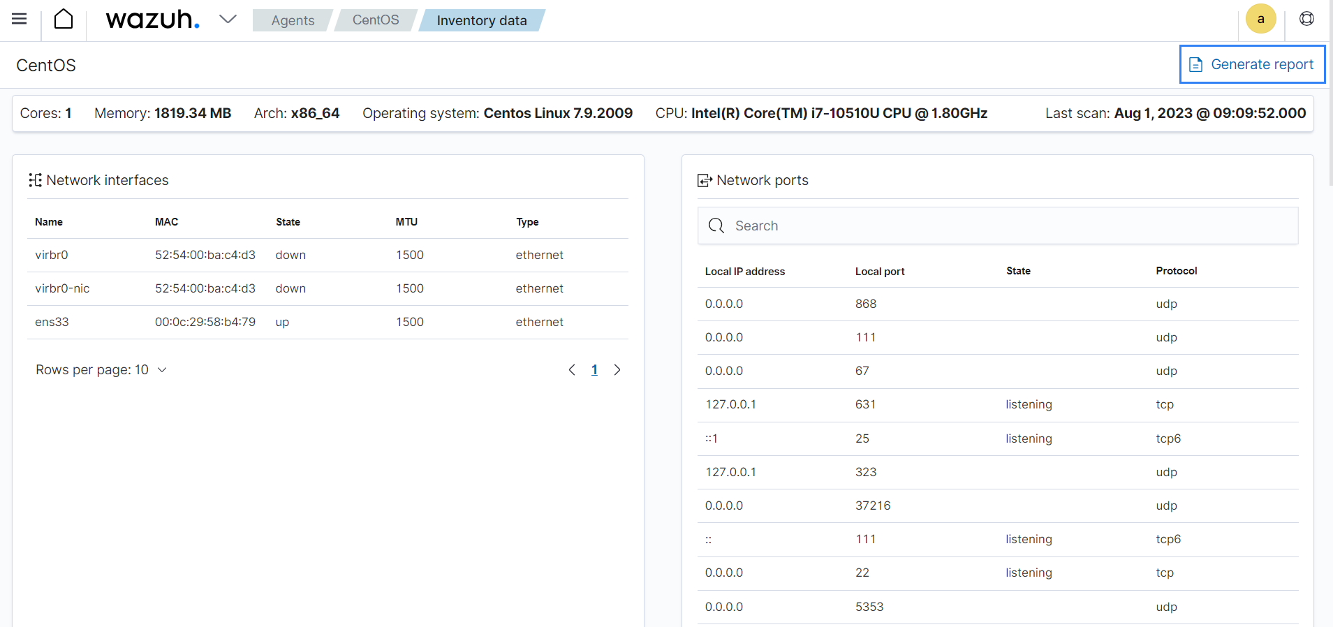Inventory data on the Wazuh dashboard