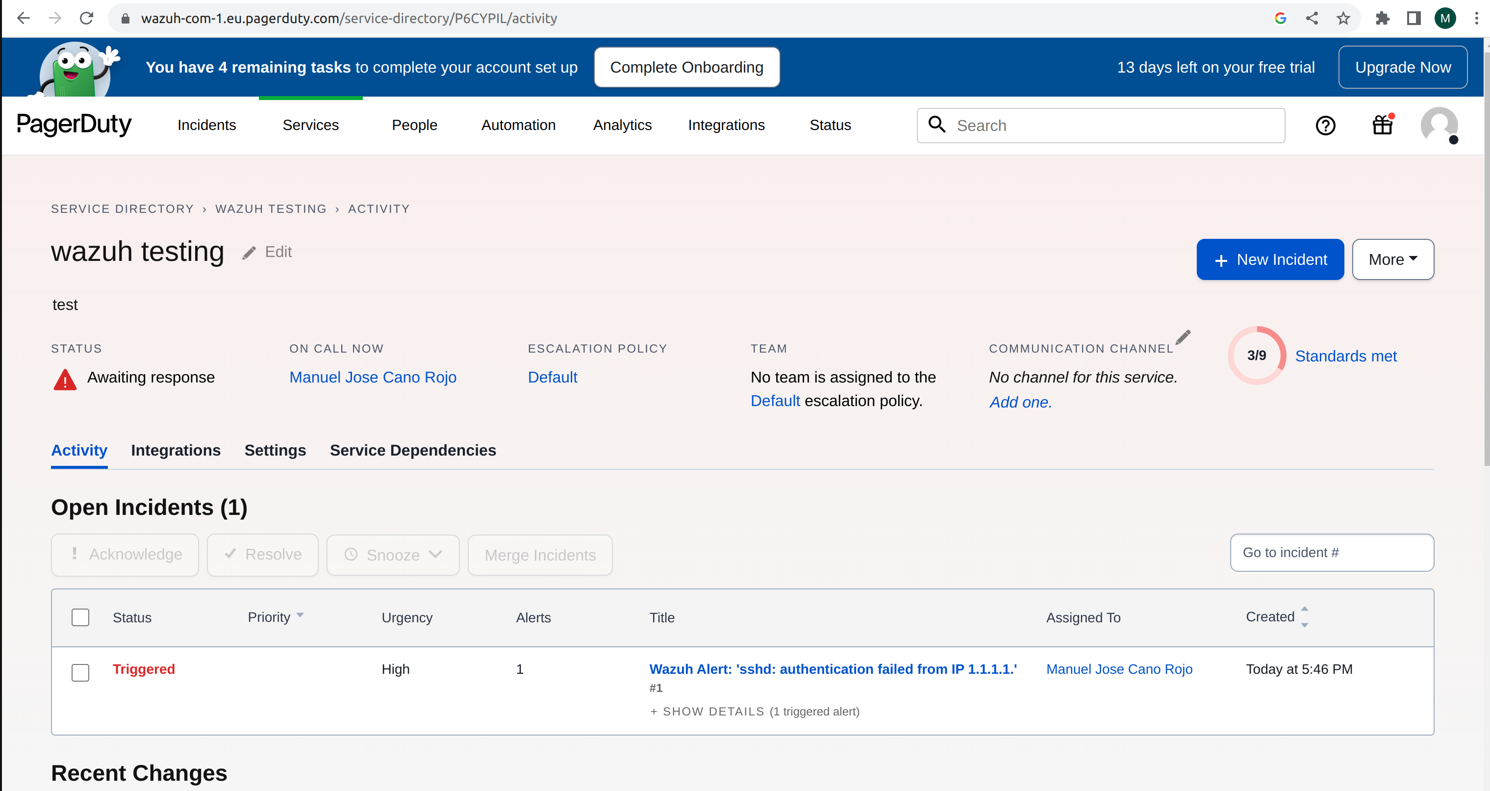 Wazuh alert in the PagerDuty Incidents dashboard