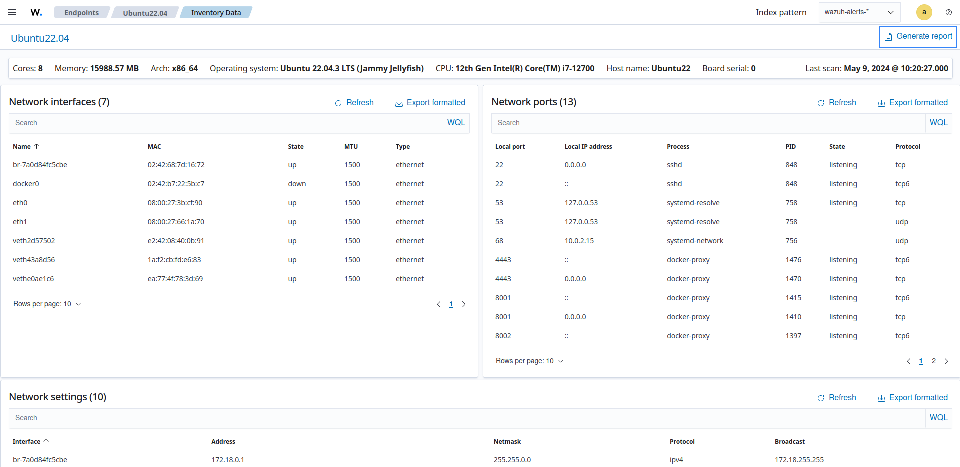 Inventory data on the Wazuh dashboard