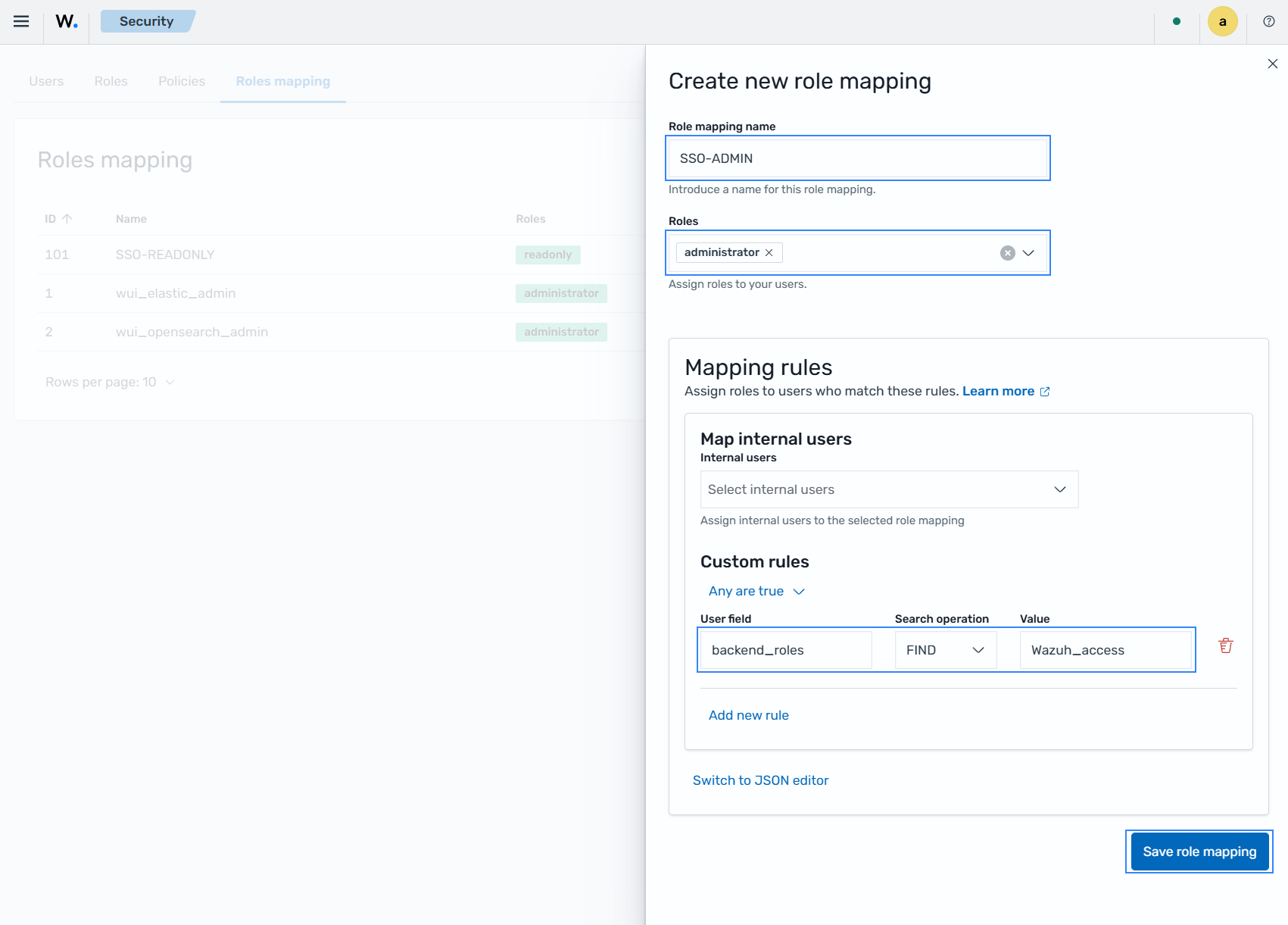 Create Wazuh role mapping
