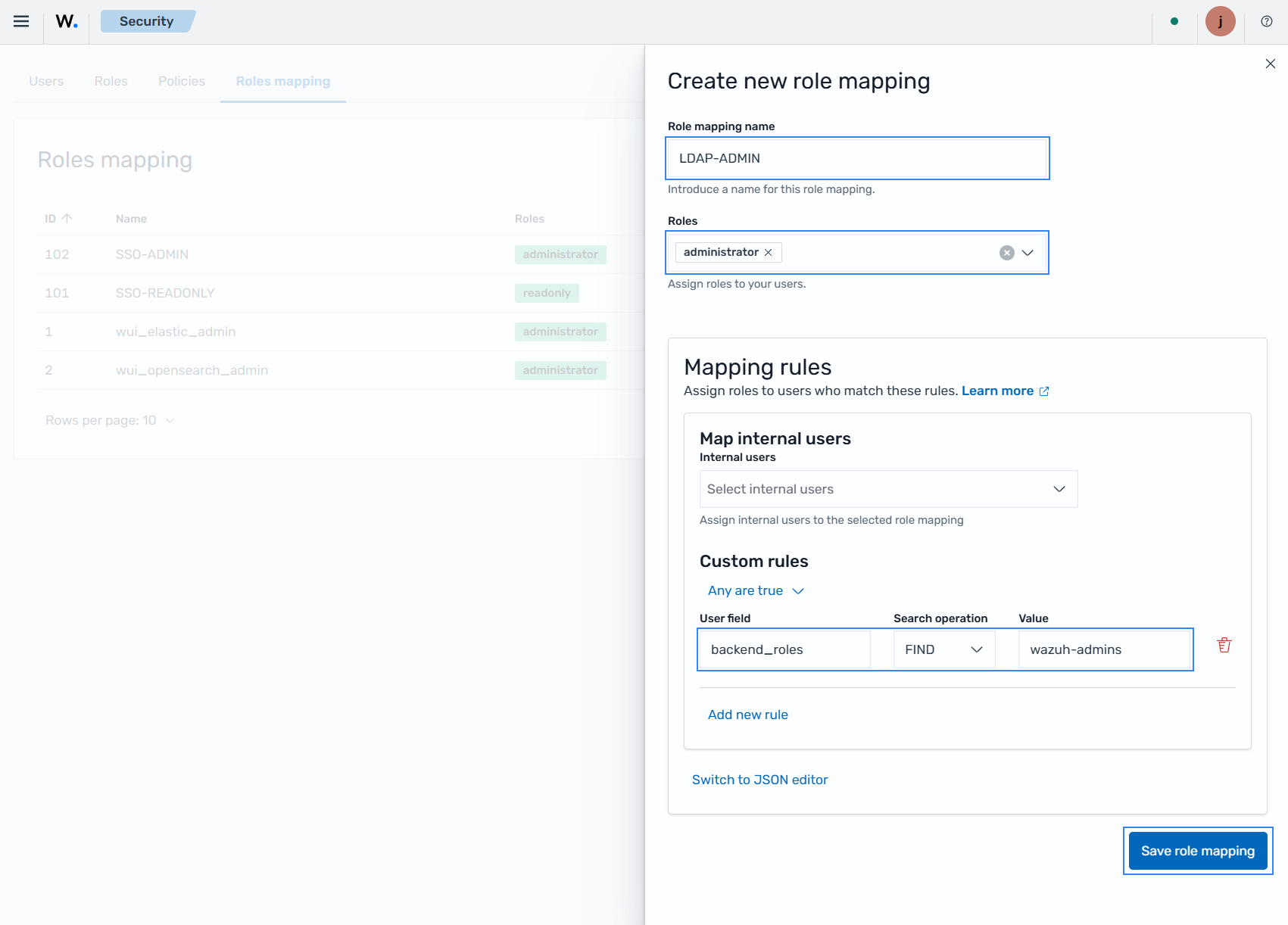 Create Wazuh role mapping