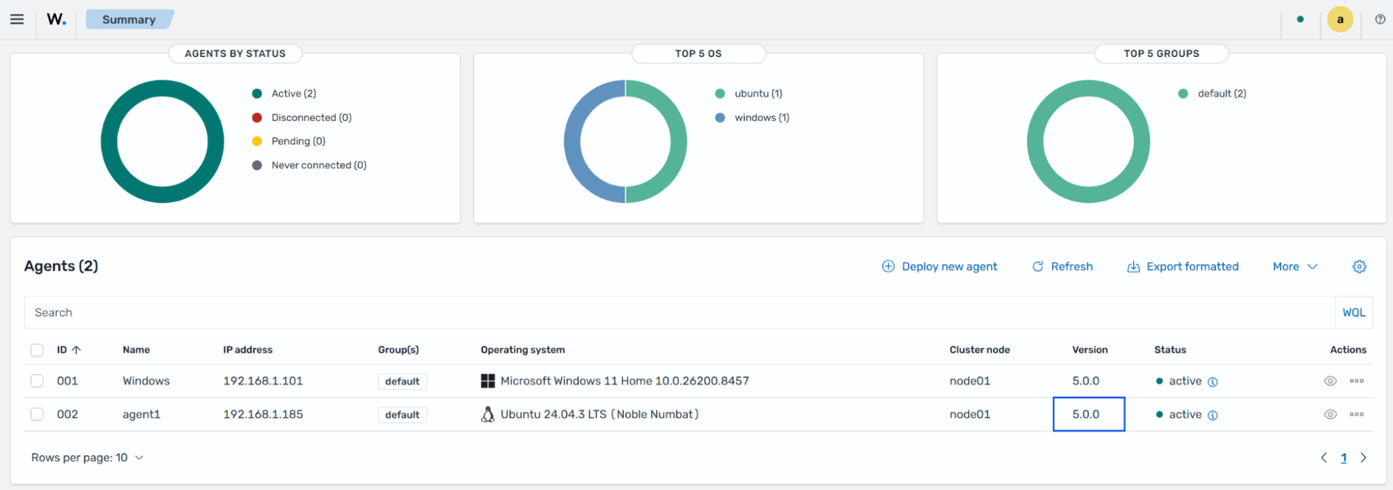 Wazuh dashboard showing the Wazuh agent version