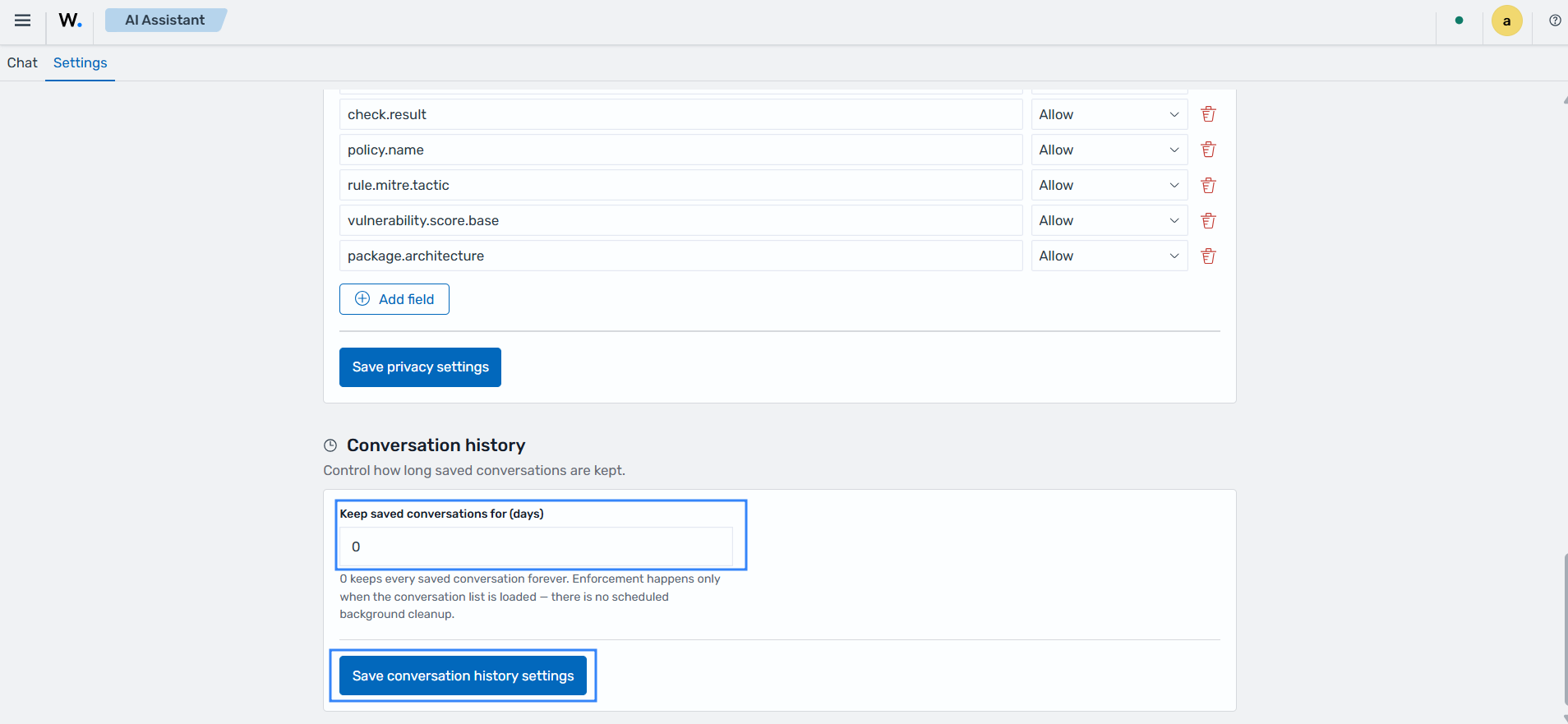 Configure the AI Assistant conversation history