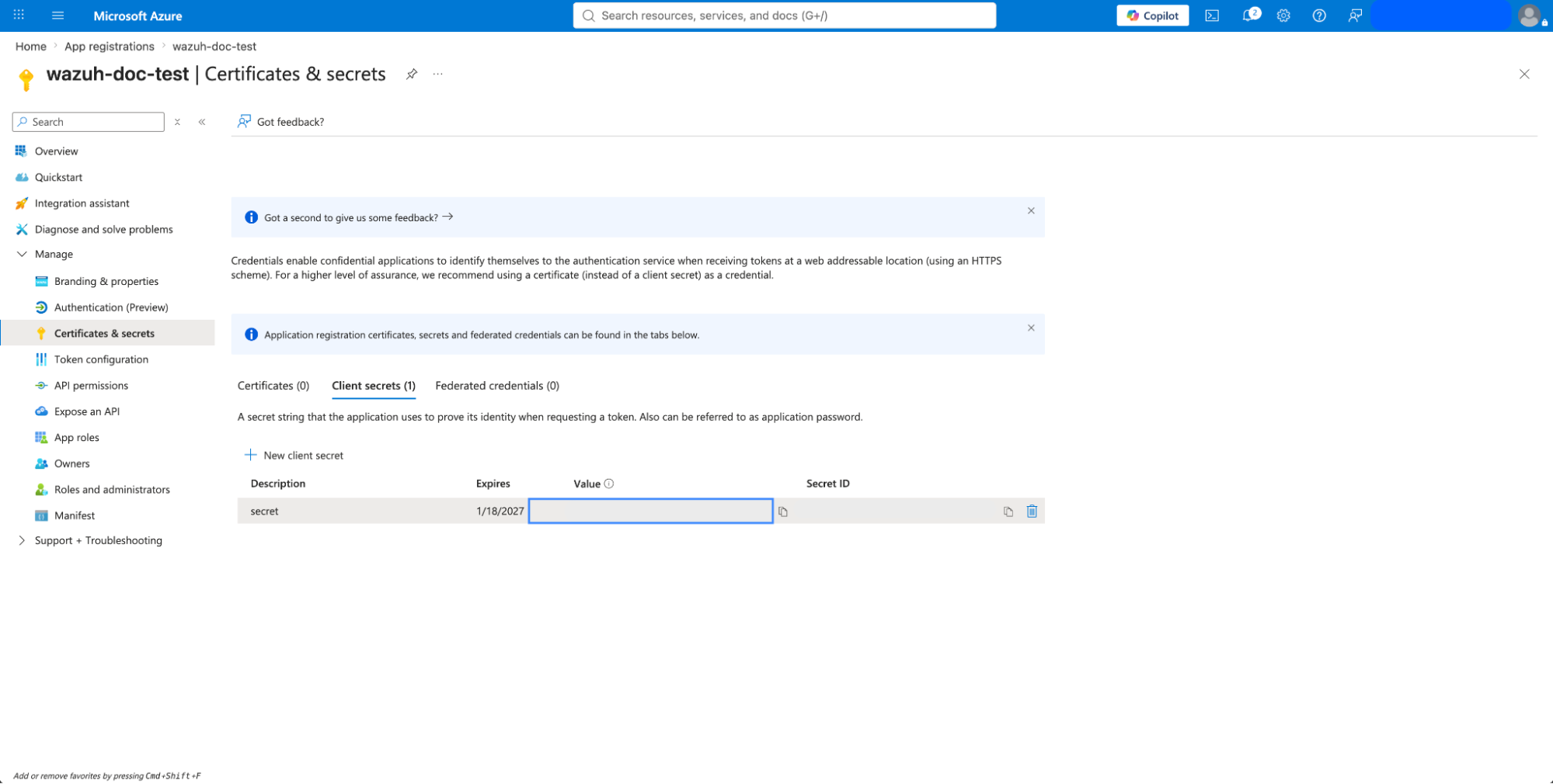 Azure client secrets value
