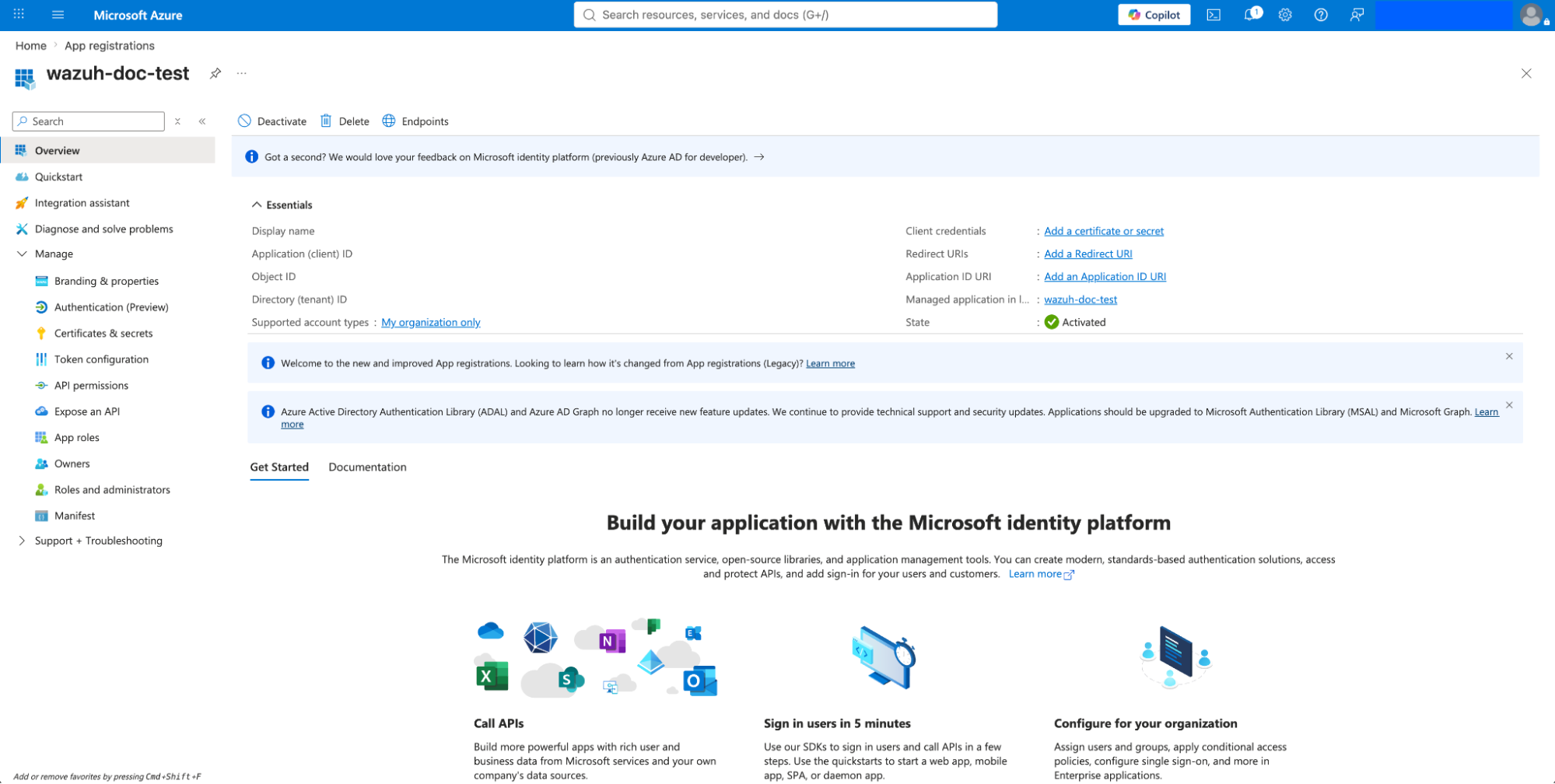 Azure client and tenant ID in overview