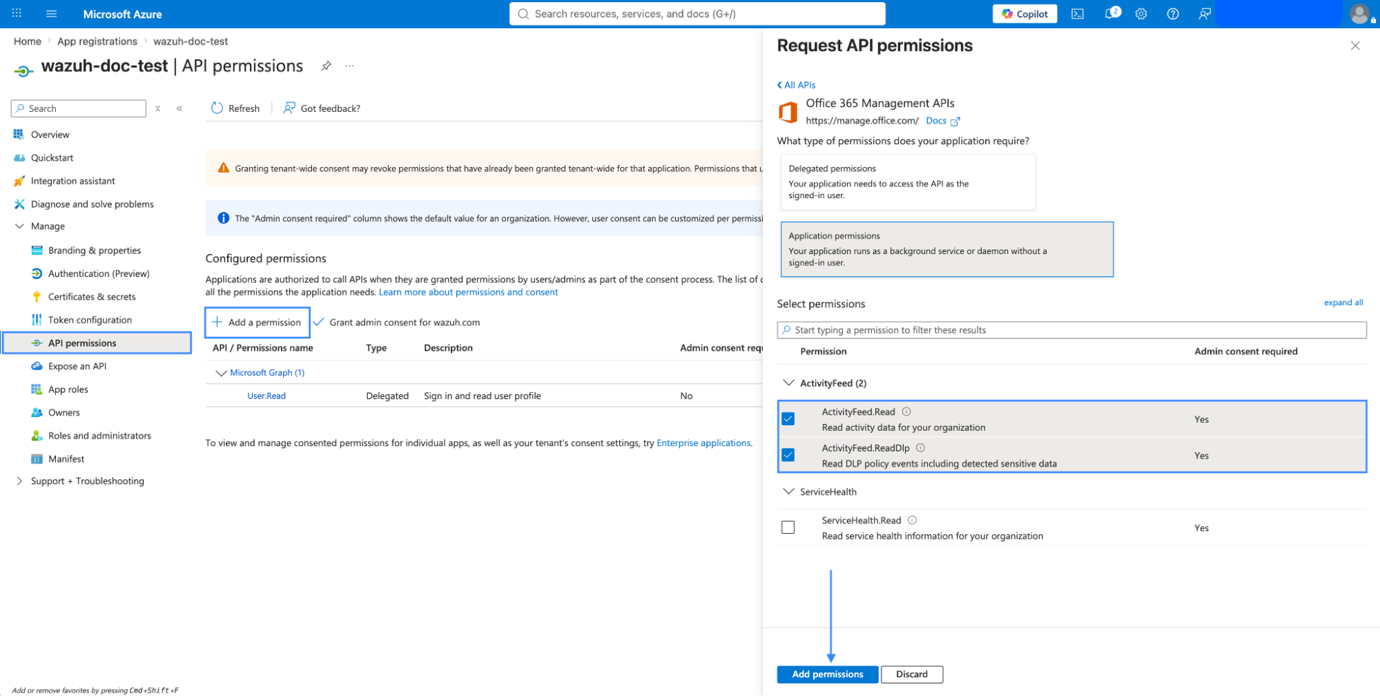 Azure request API permissions