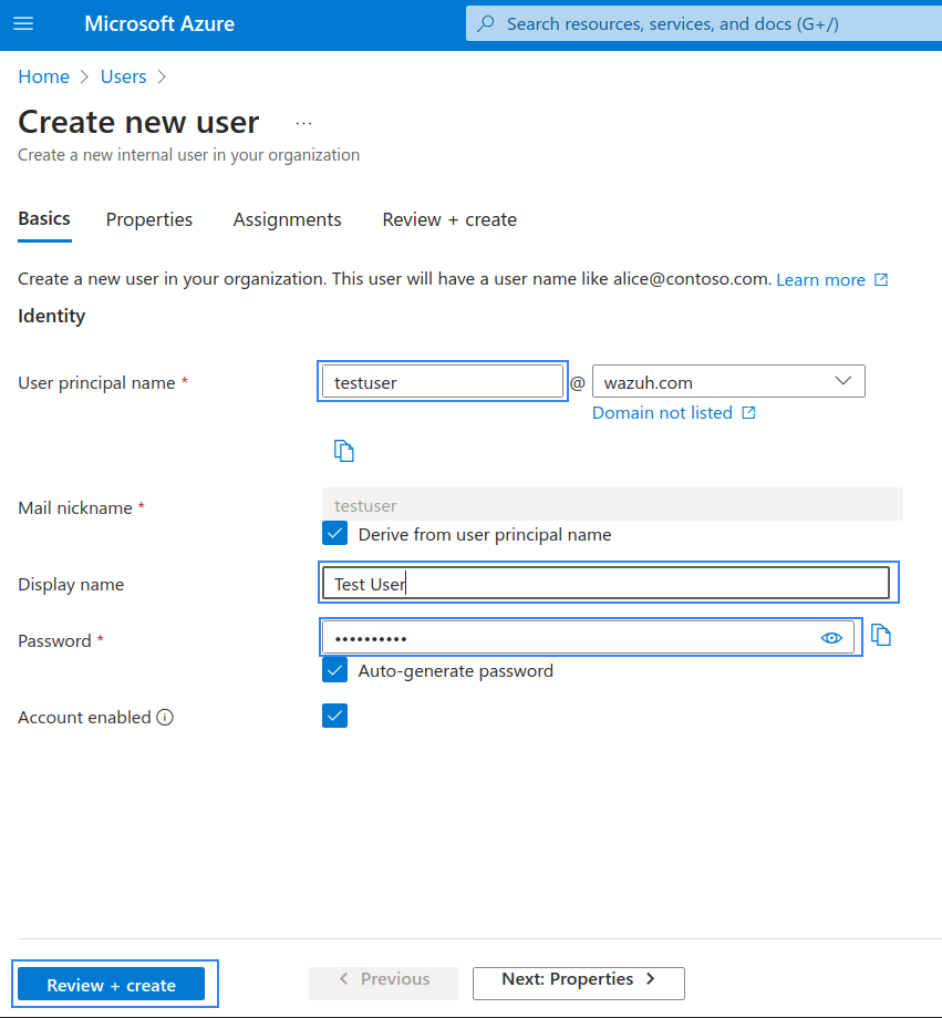 Azure review and create new user