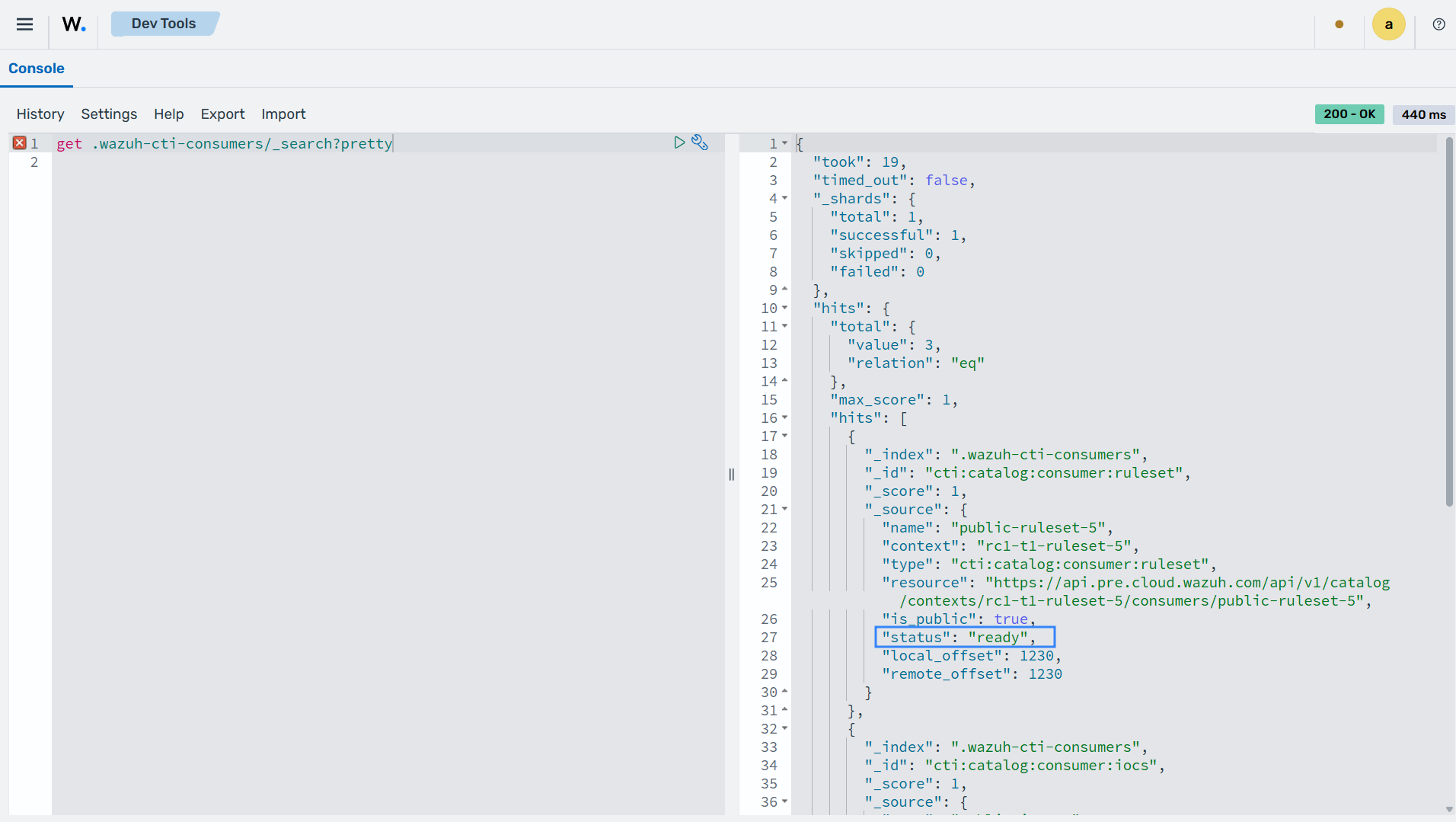 Checking synchronization status via Wazuh Dev tools