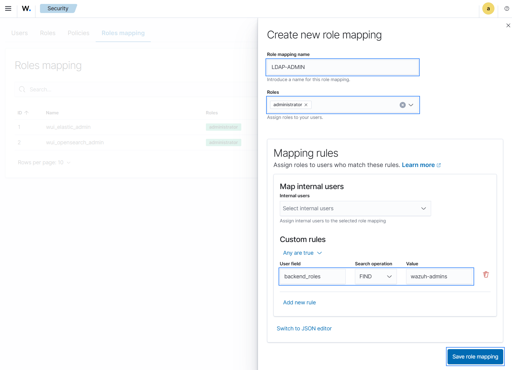 Create administrator new role mapping