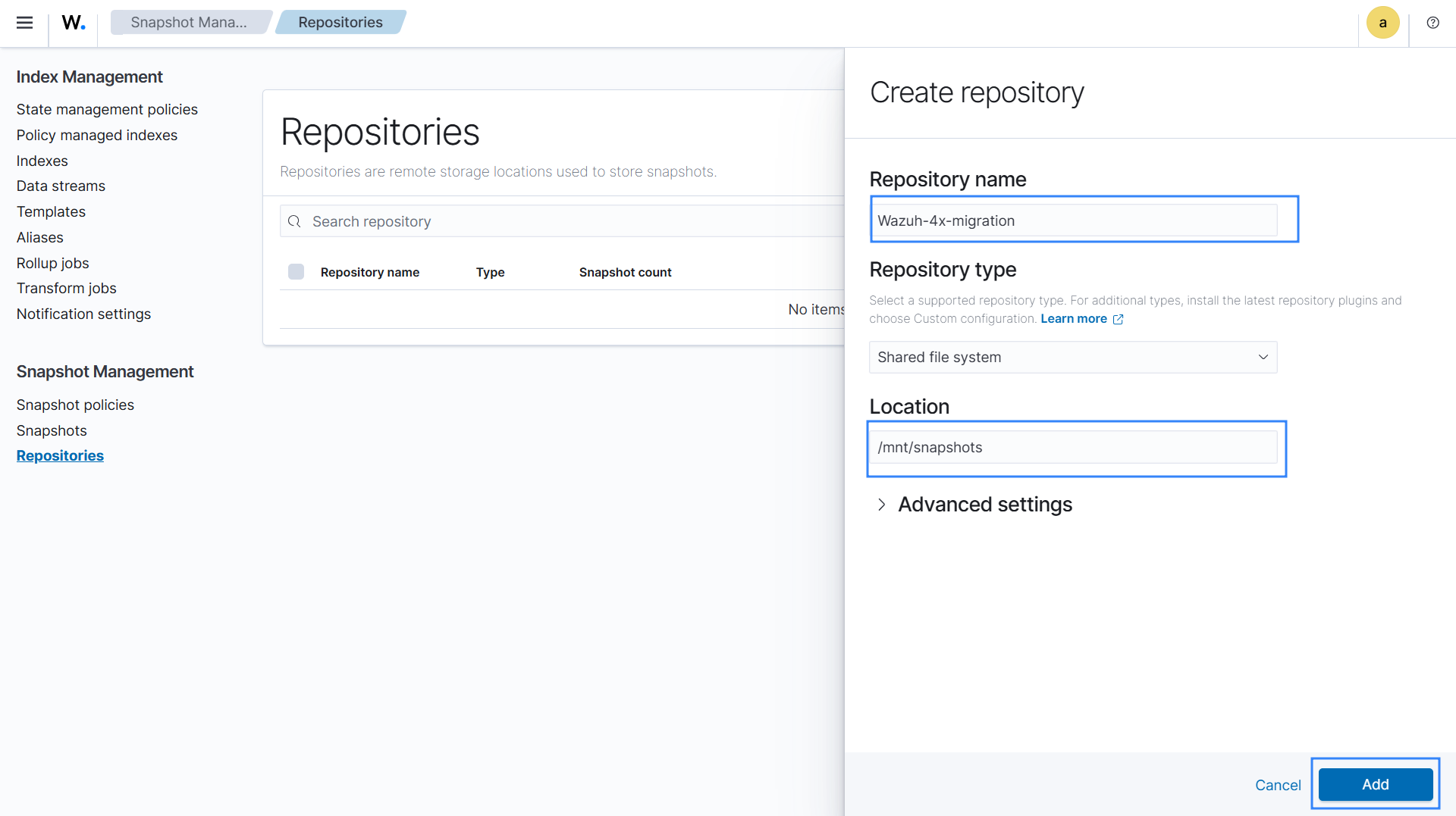 Create a snapshot repository on Wazuh 4.x