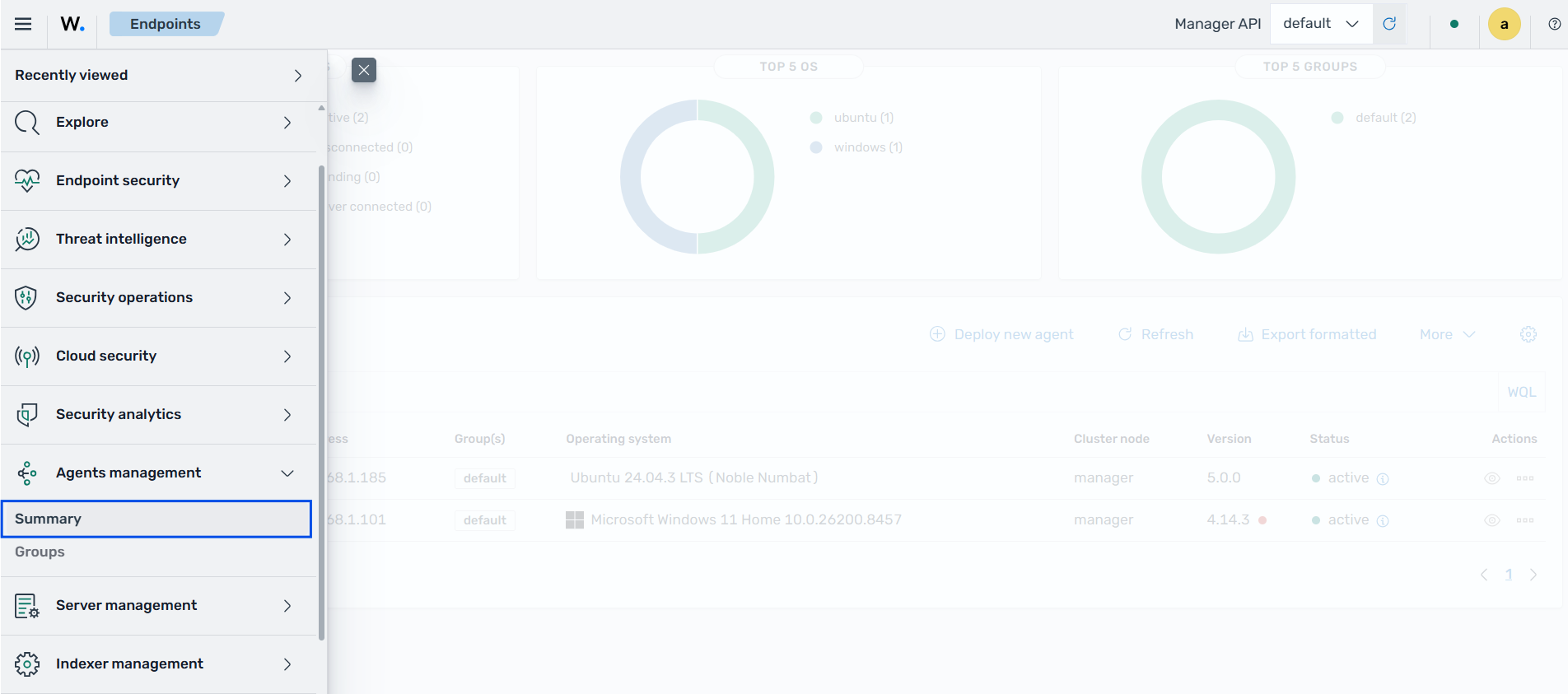 Wazuh dashboard – Agents management summary menu option