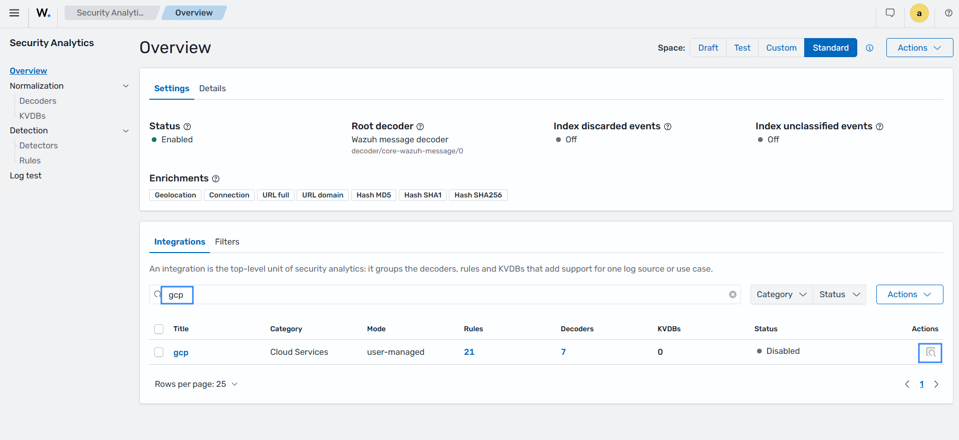 Search for the GCP integration on the Wazuh dashboard