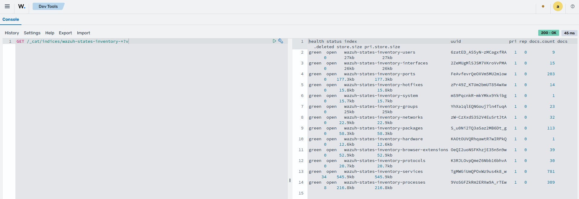 Get inventory indices