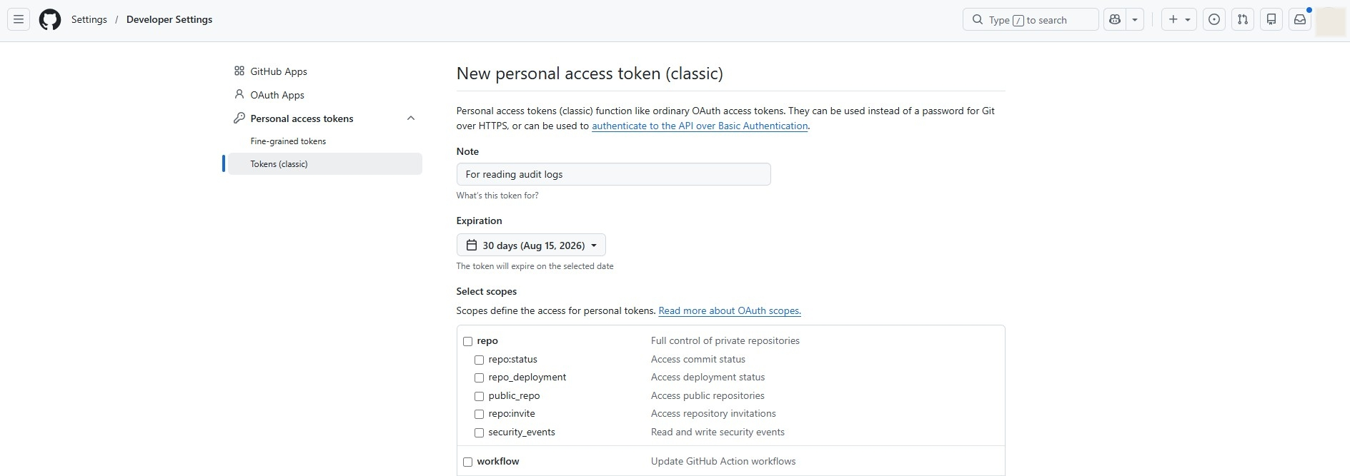 New personal access token
