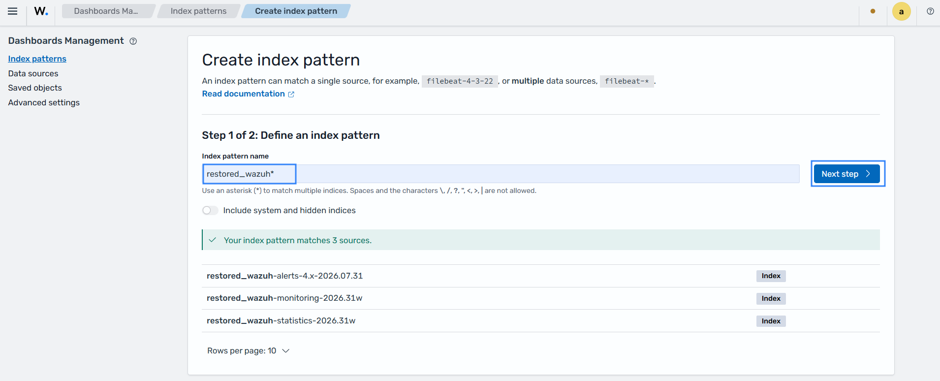 Set the index pattern name