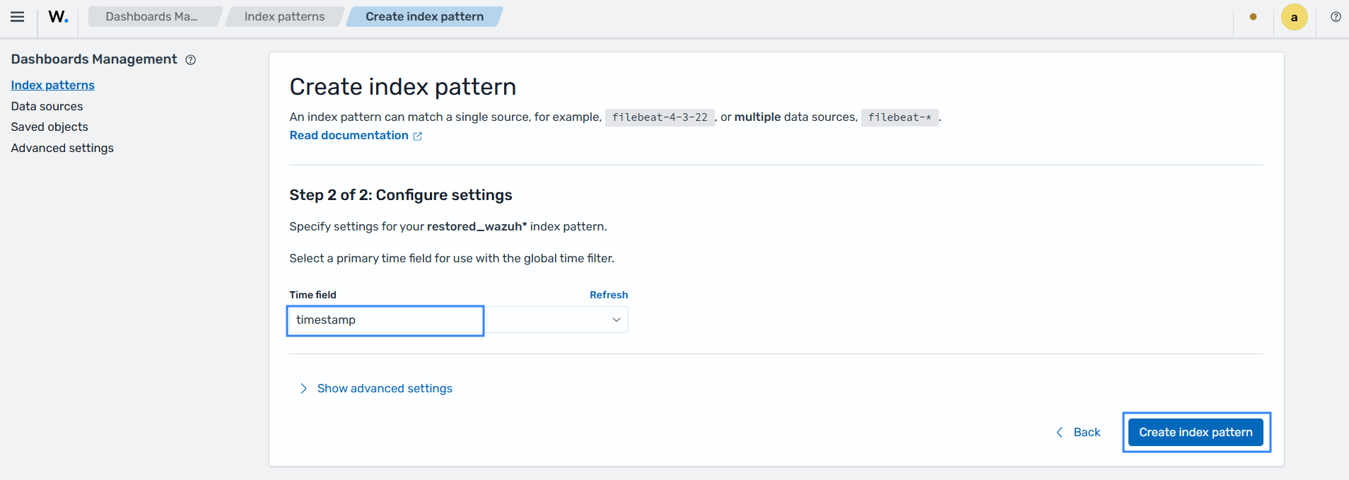 Set the index pattern time field