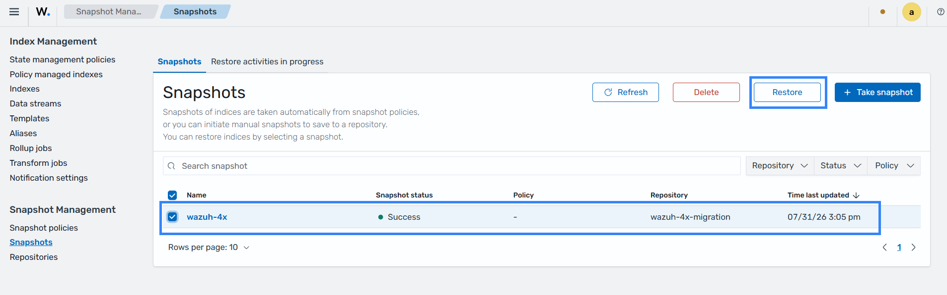 Select the migration snapshot to restore