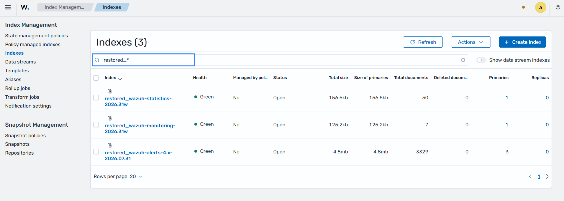 Restored indices filtered by prefix
