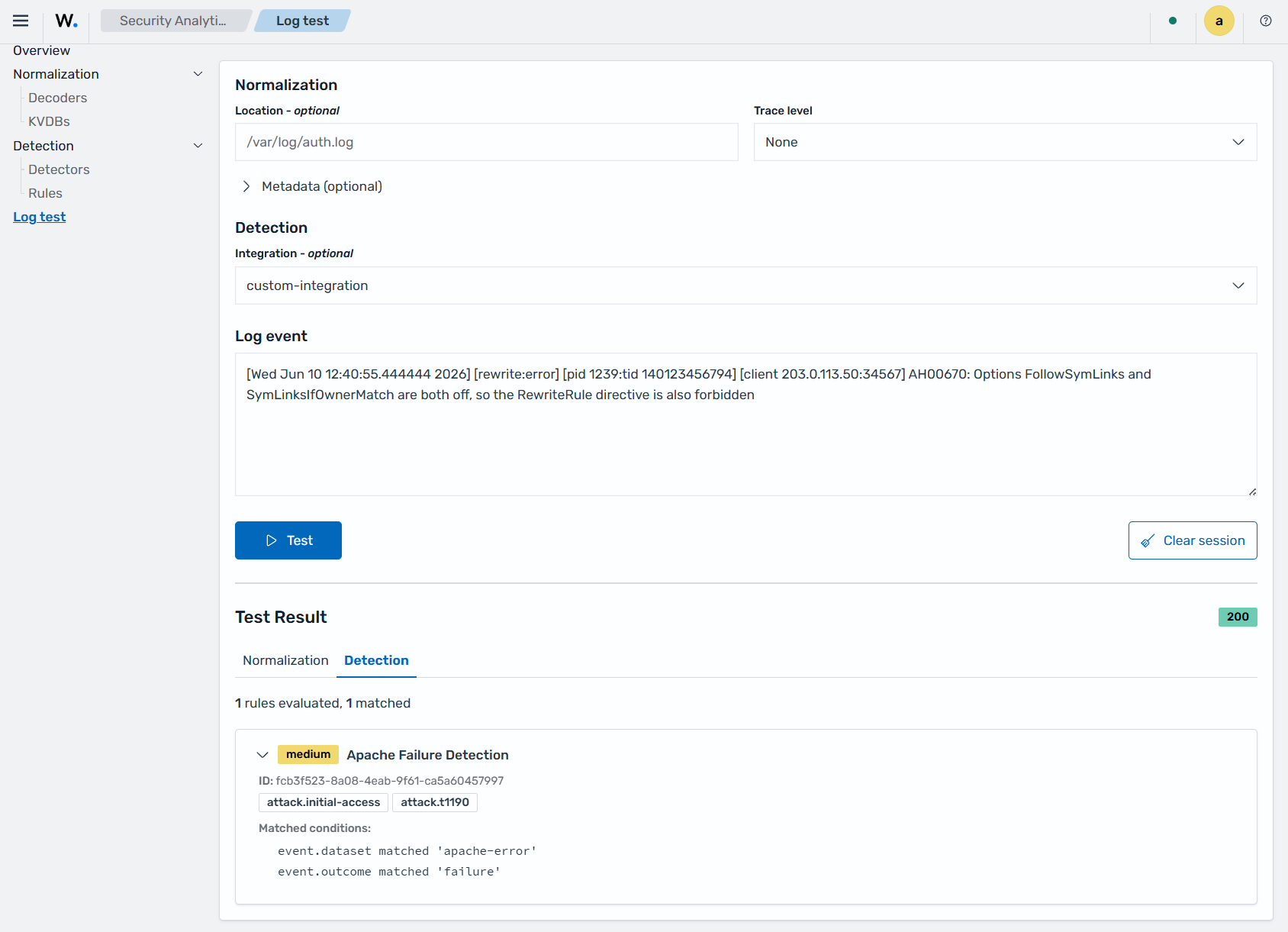 Log test detection result