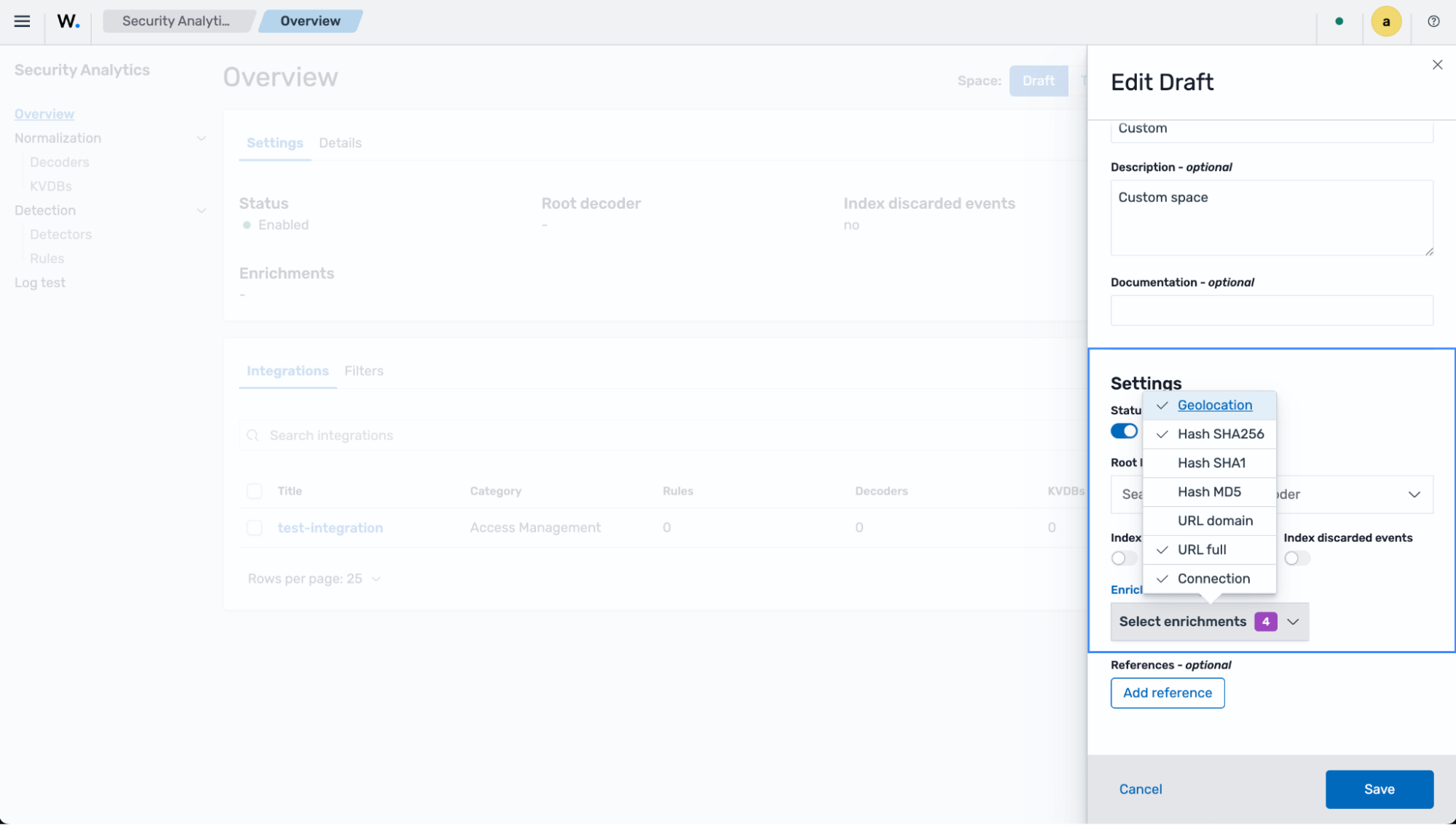 Space enrichment data source settings