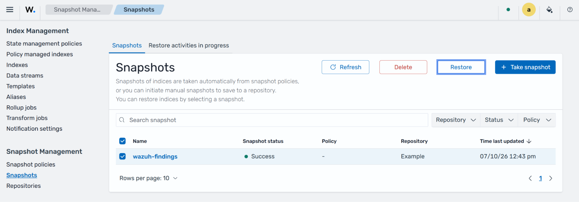 Select the snapshot and restore