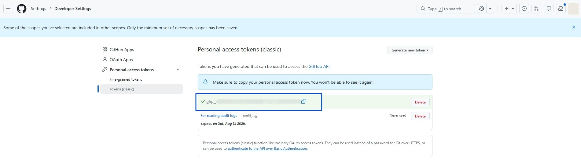 Copy the generated token for the admin