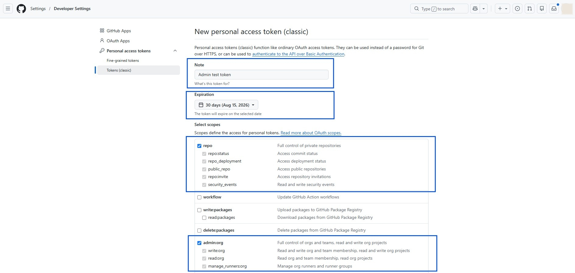 New personal access token for GitHub admin