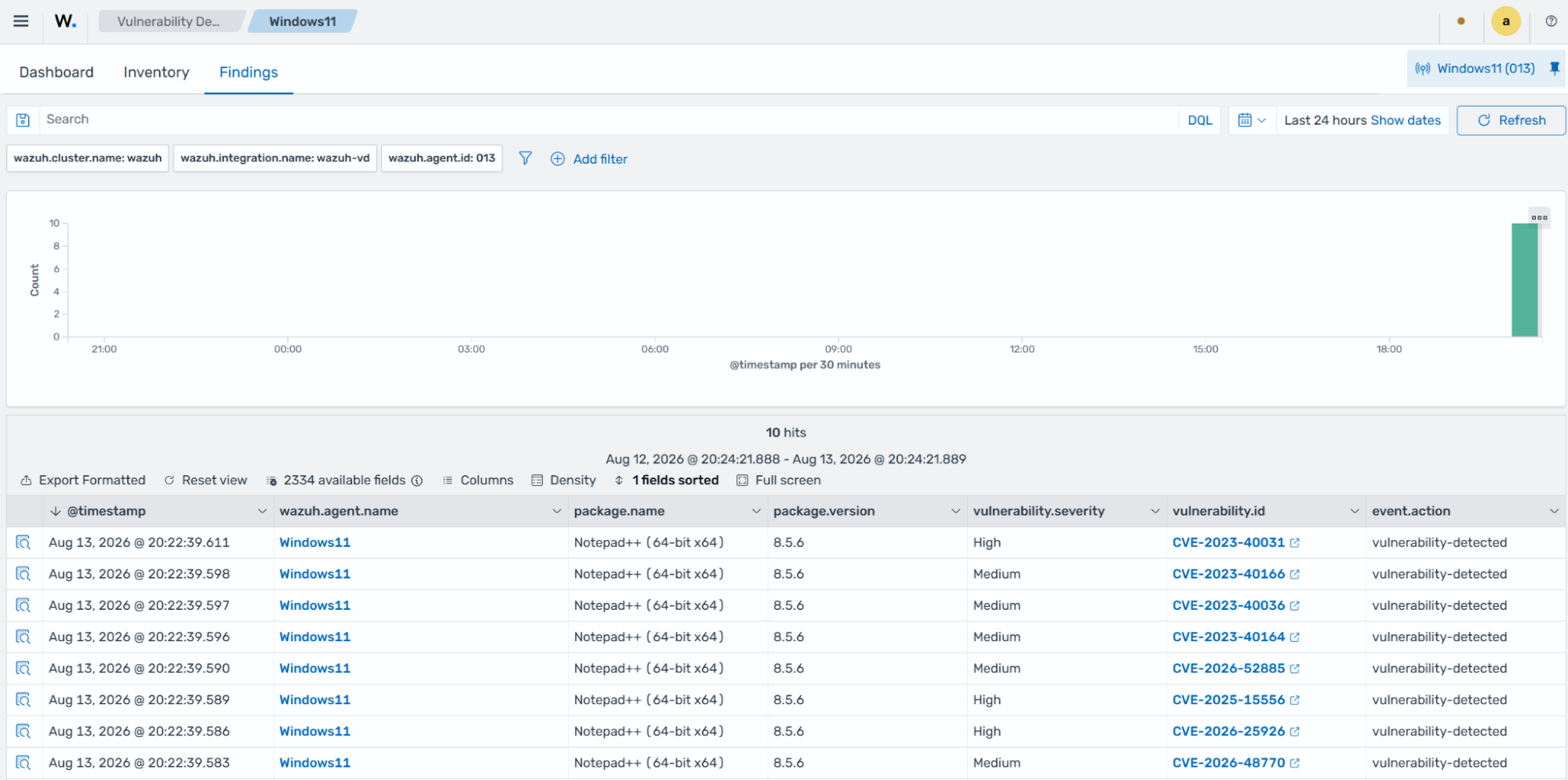 Findings tab showing vulnerability-detected findings