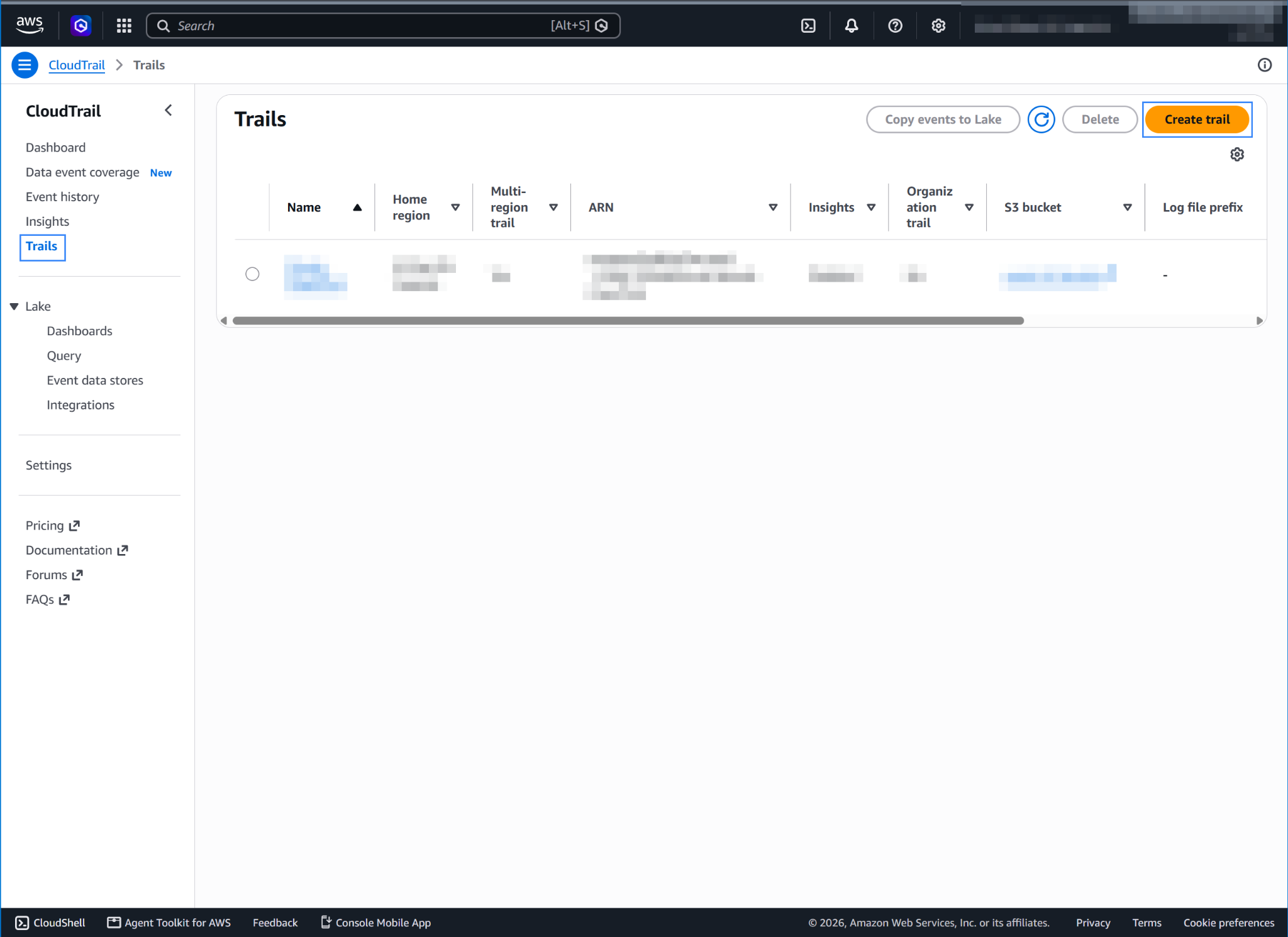 Create trail on the CloudTrail Trails page