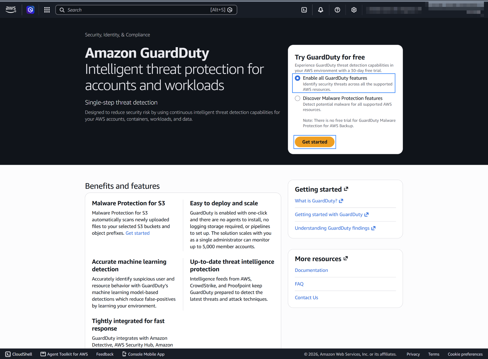 Select Enable all GuardDuty features and click Get started