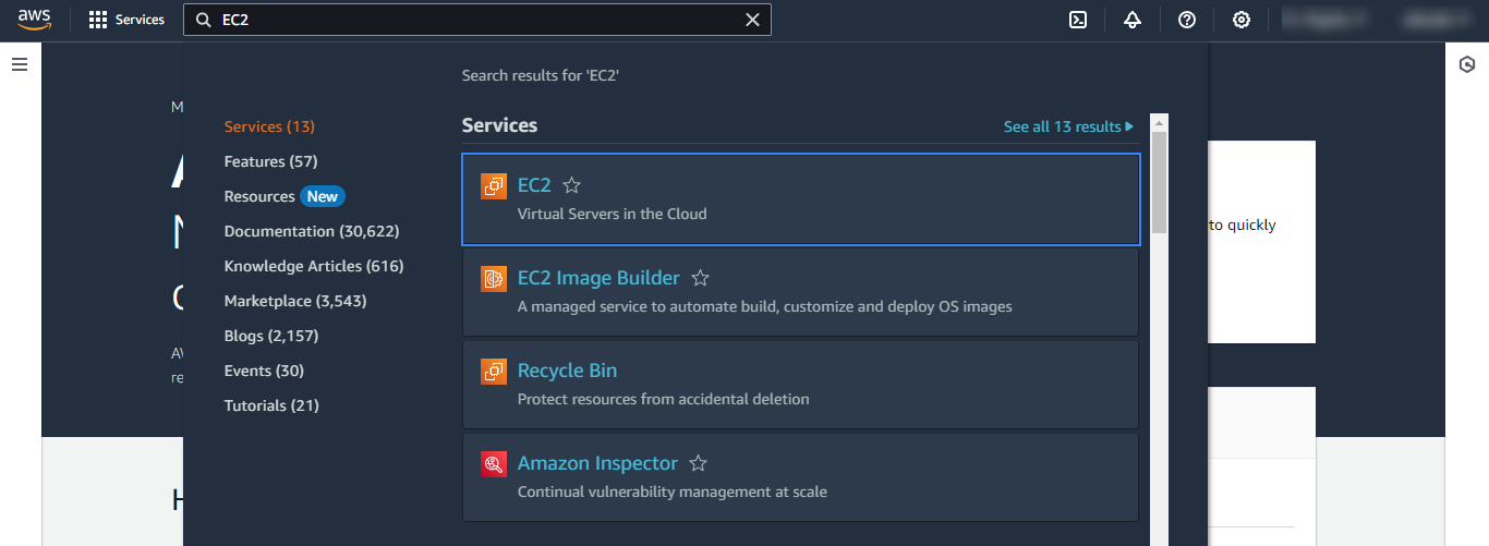 Search for EC2 in the AWS console