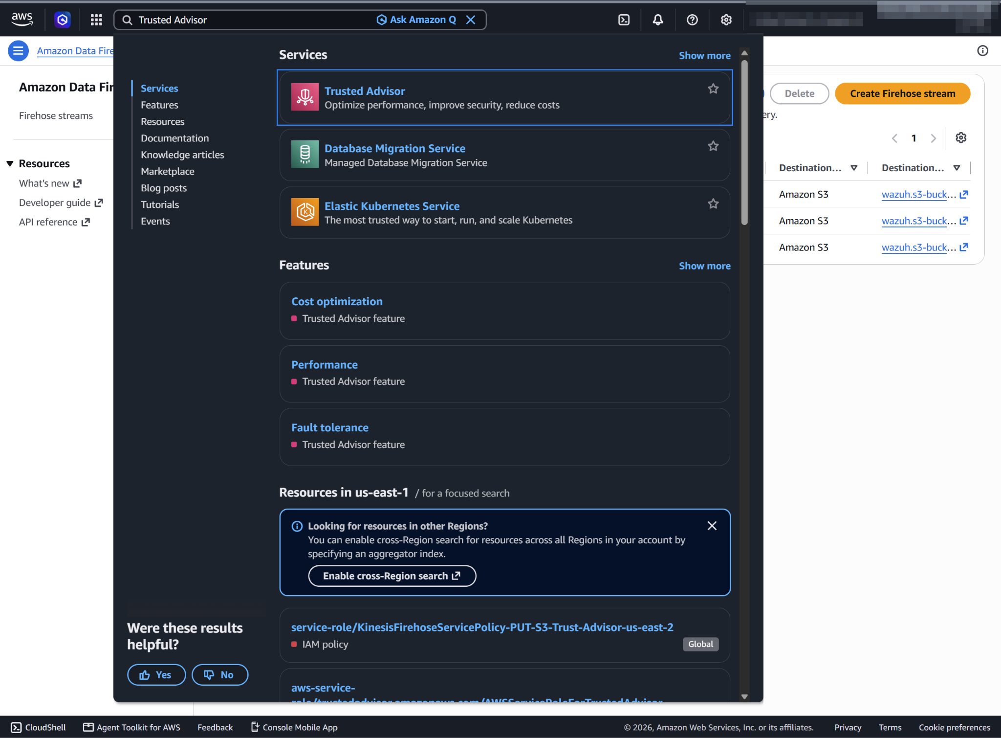 Search for Trusted Advisor on the AWS console