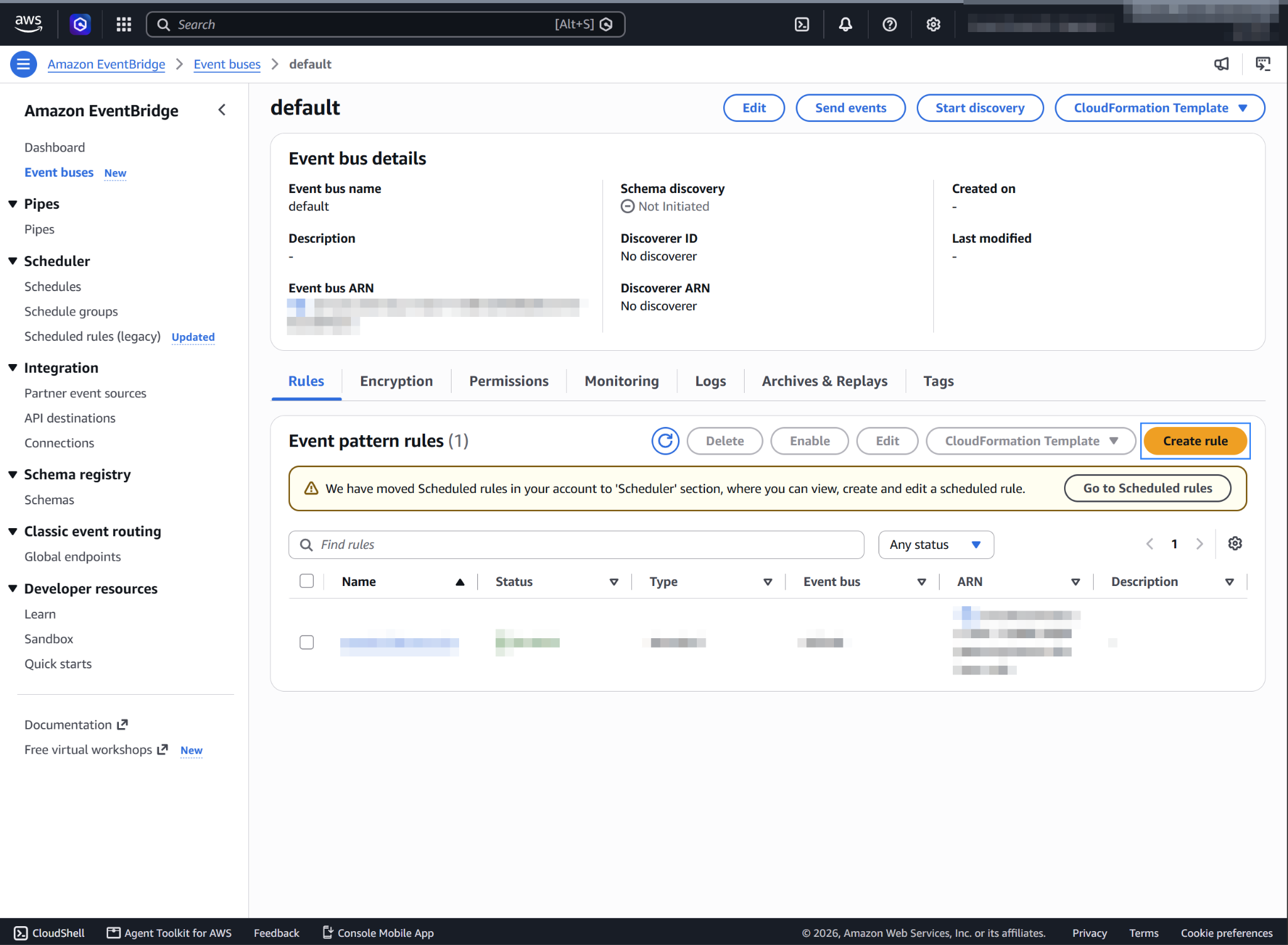 Create rule on the default event bus