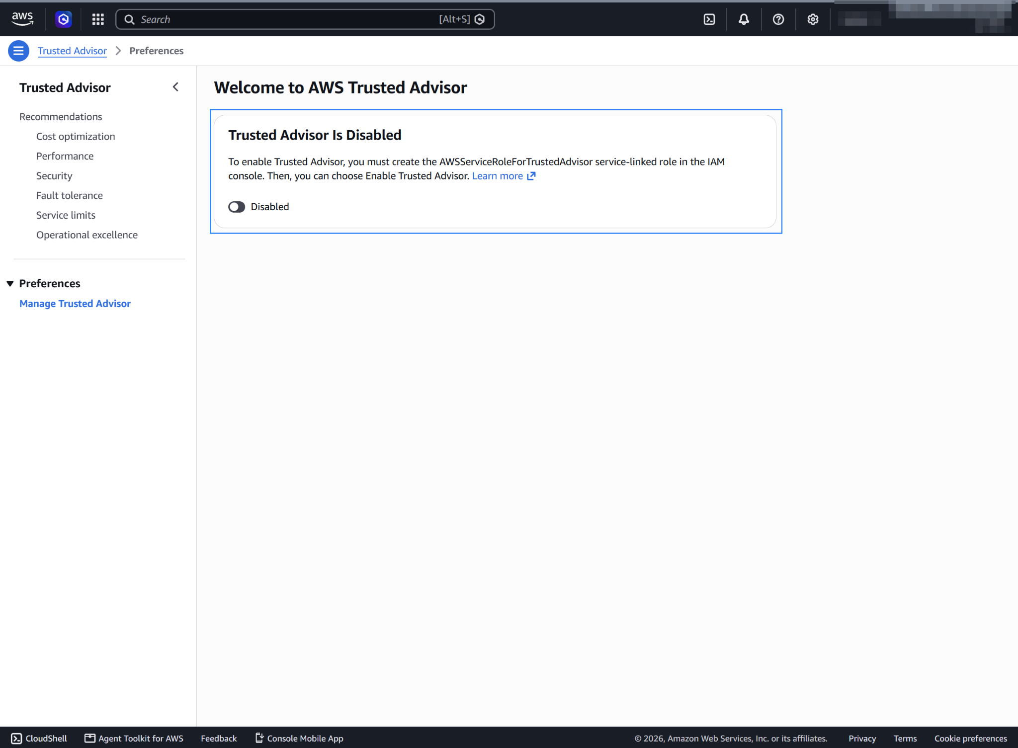 Enable Trusted Advisor from Manage Trusted Advisor
