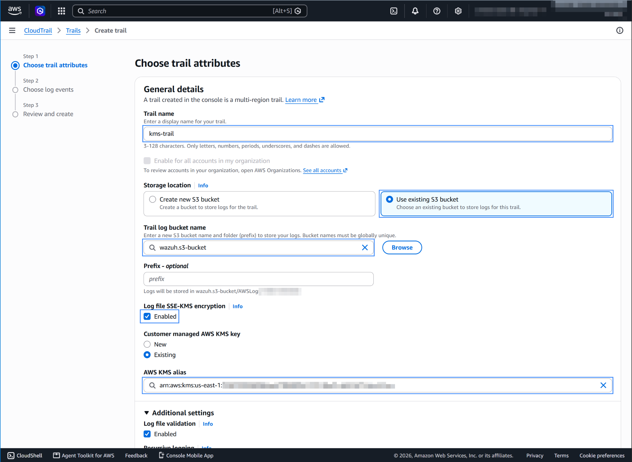 Trail name, existing S3 bucket, and SSE-KMS encryption settings