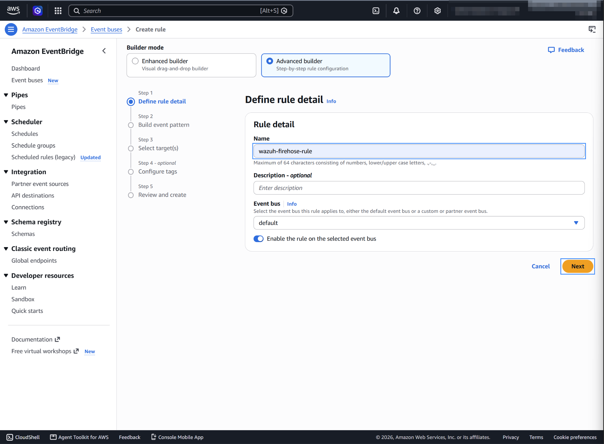 Select Advanced builder and assign a name to the EventBridge rule
