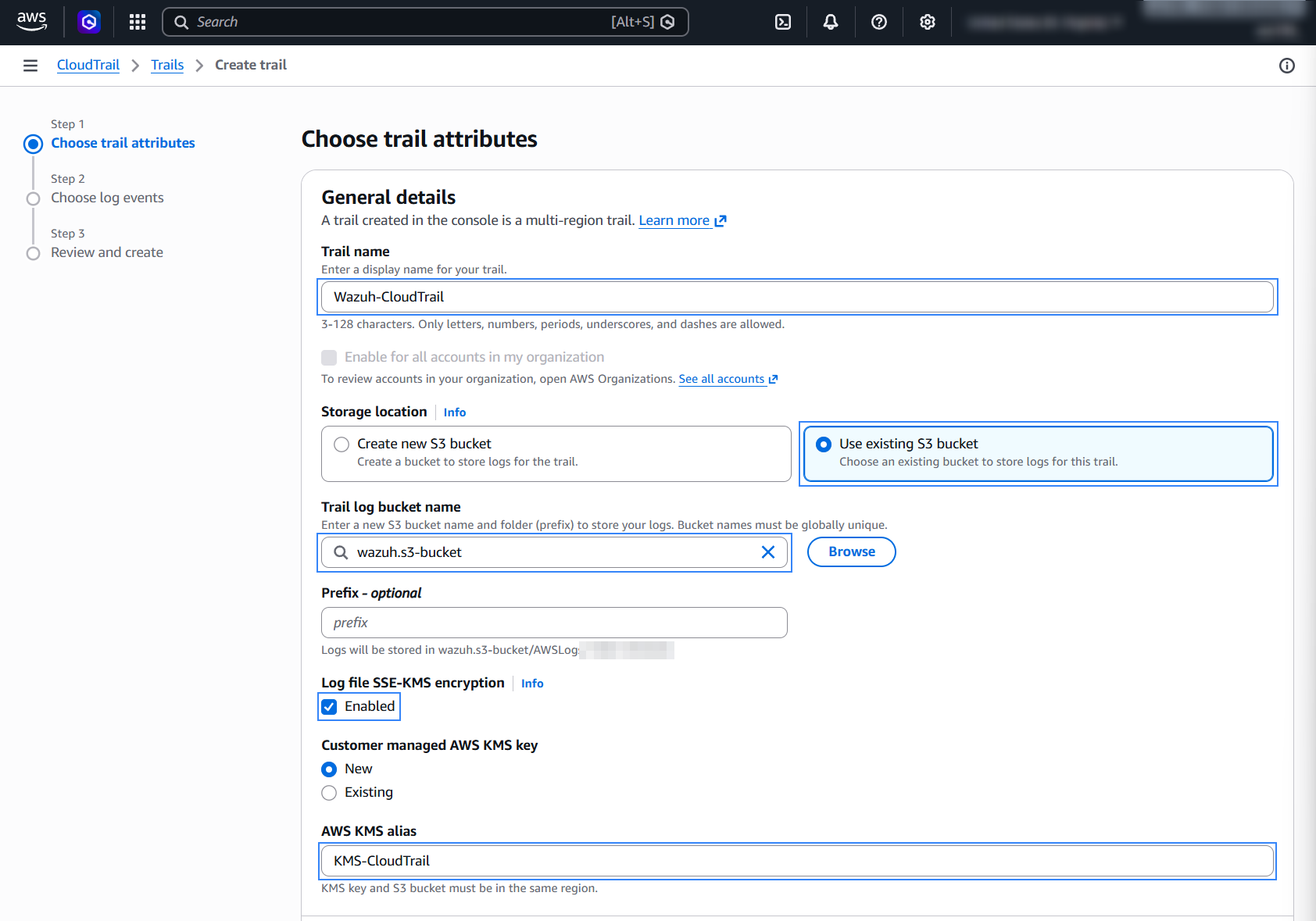 Trail name, storage location, and SSE-KMS encryption settings