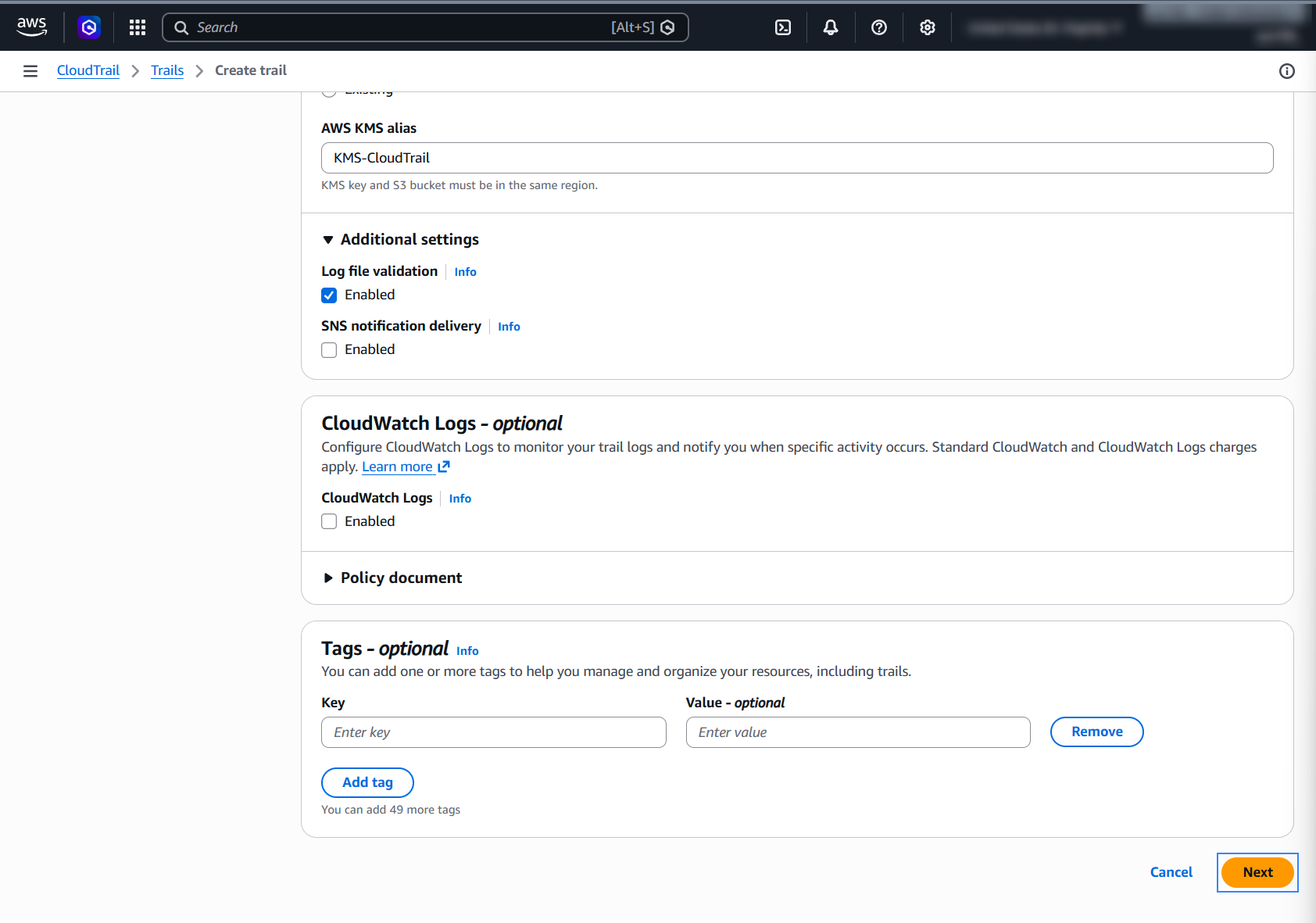 AWS KMS alias and additional trail settings