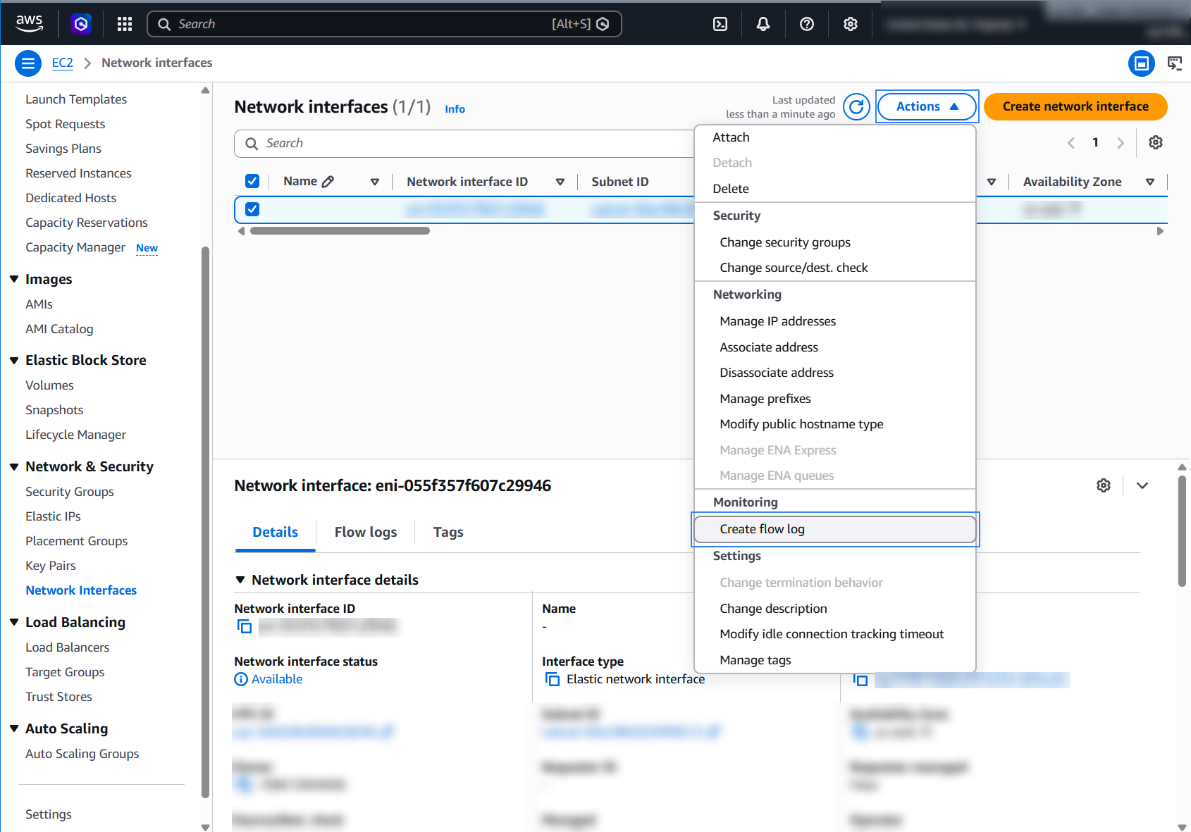 Create flow log on the Actions menu of a network interface