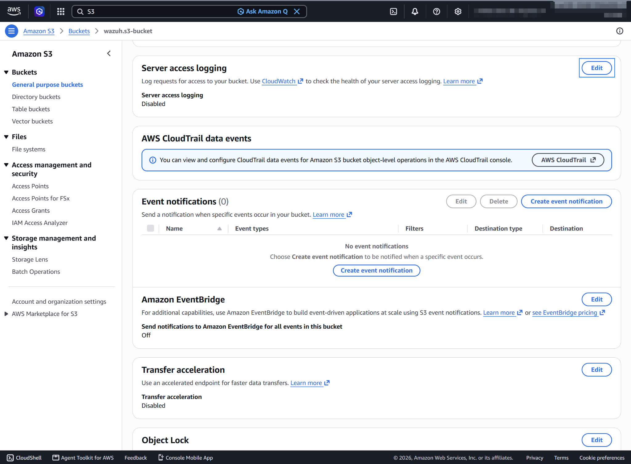 Edit Server access logging in the Properties tab