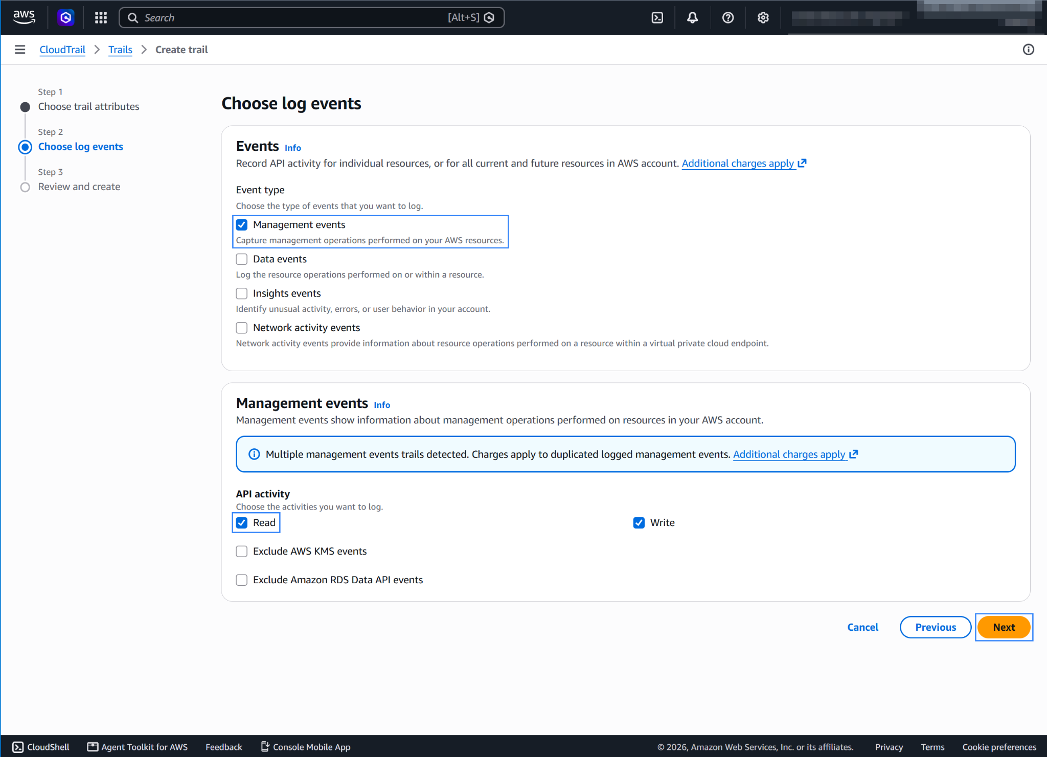 Management events with Read and Write API activity selected